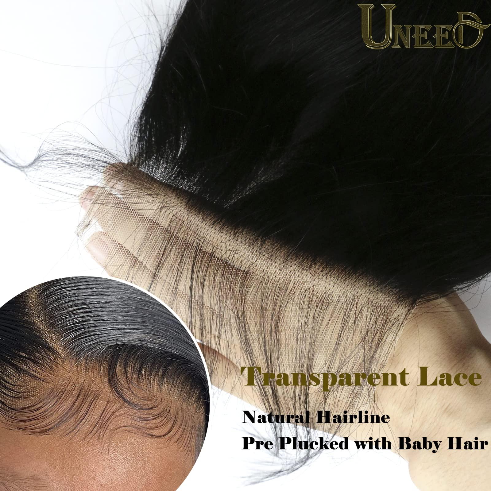 UNEED UNEED 5x5 Closure Straight Closure Invisible Ultra-thin HD Lace Closure Free Part 12A Brazilian Virgin Human Hair Frontal Closure Pre Plucked with Baby Hair Natural Black (12 Inch)