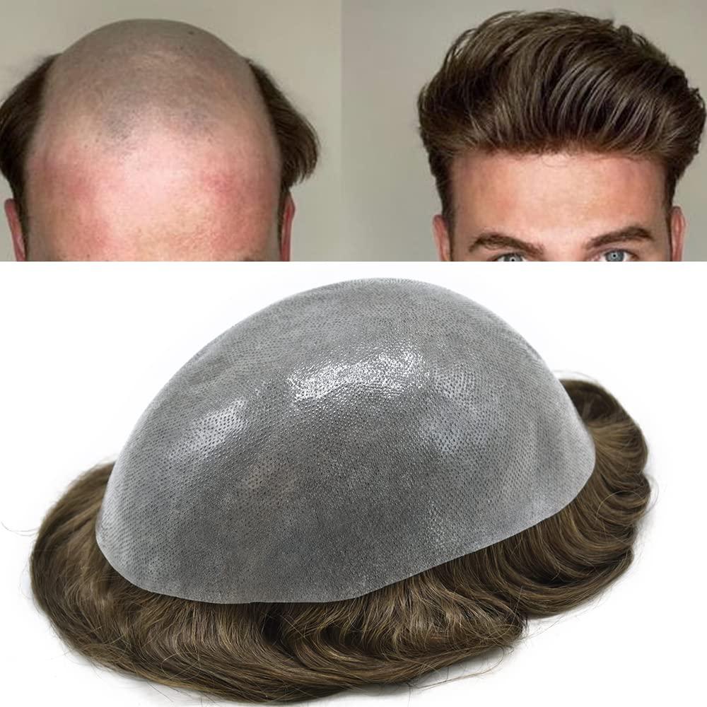 F M FACE MIRACLE NEW YORK F M FACE MIRACLE NEW YORK Mens Toupee 0.12mm Thickness Skin Hair Systems For Men Durable Mens Hair Replacement System Natural Hairline Toupee For Men PU8 X10#4ASH Medium Brown-120% density