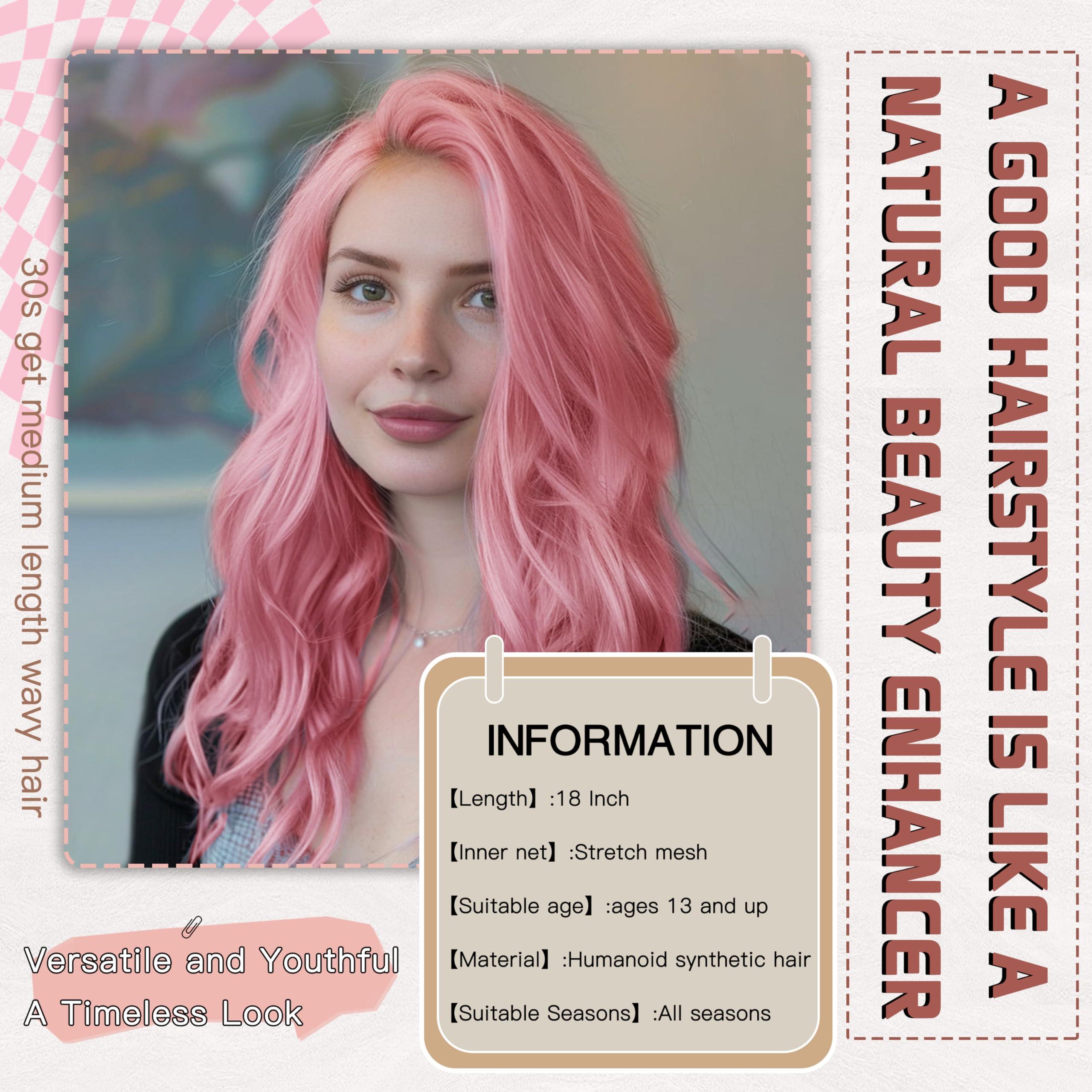 BUPPLER BUPPLER Pink Wig 18 Inch Medium Length Wigs for Women Middle Part Synthetic Hair Wavy Wig with Upgraded Strands,Natural Hair Wig for Daily Party/Halloween Use 18Inch,Pink