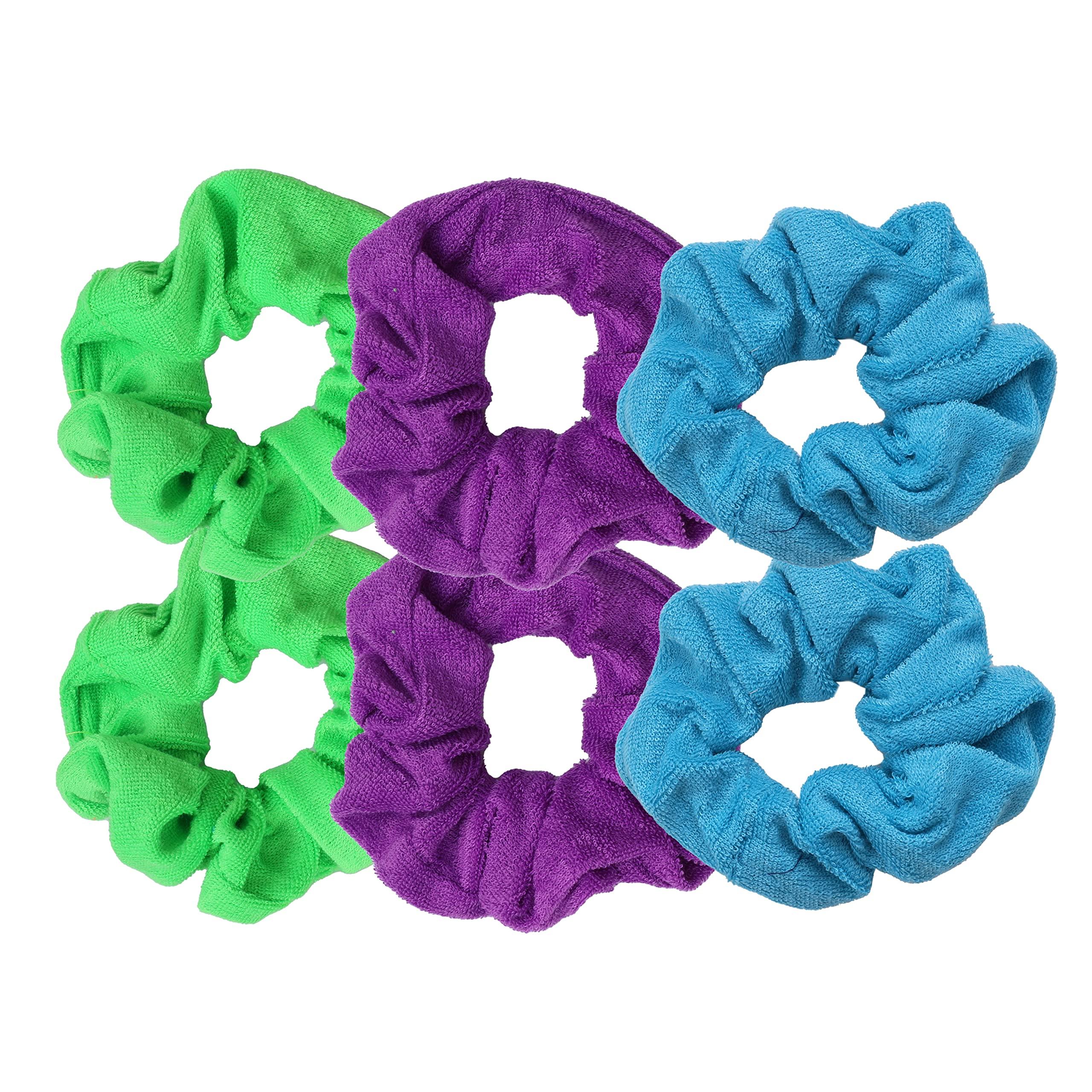 Motique Accessories 6 Pack Hair Scrunchies Neon Microfiber Terry Neon Green Purple & Blue