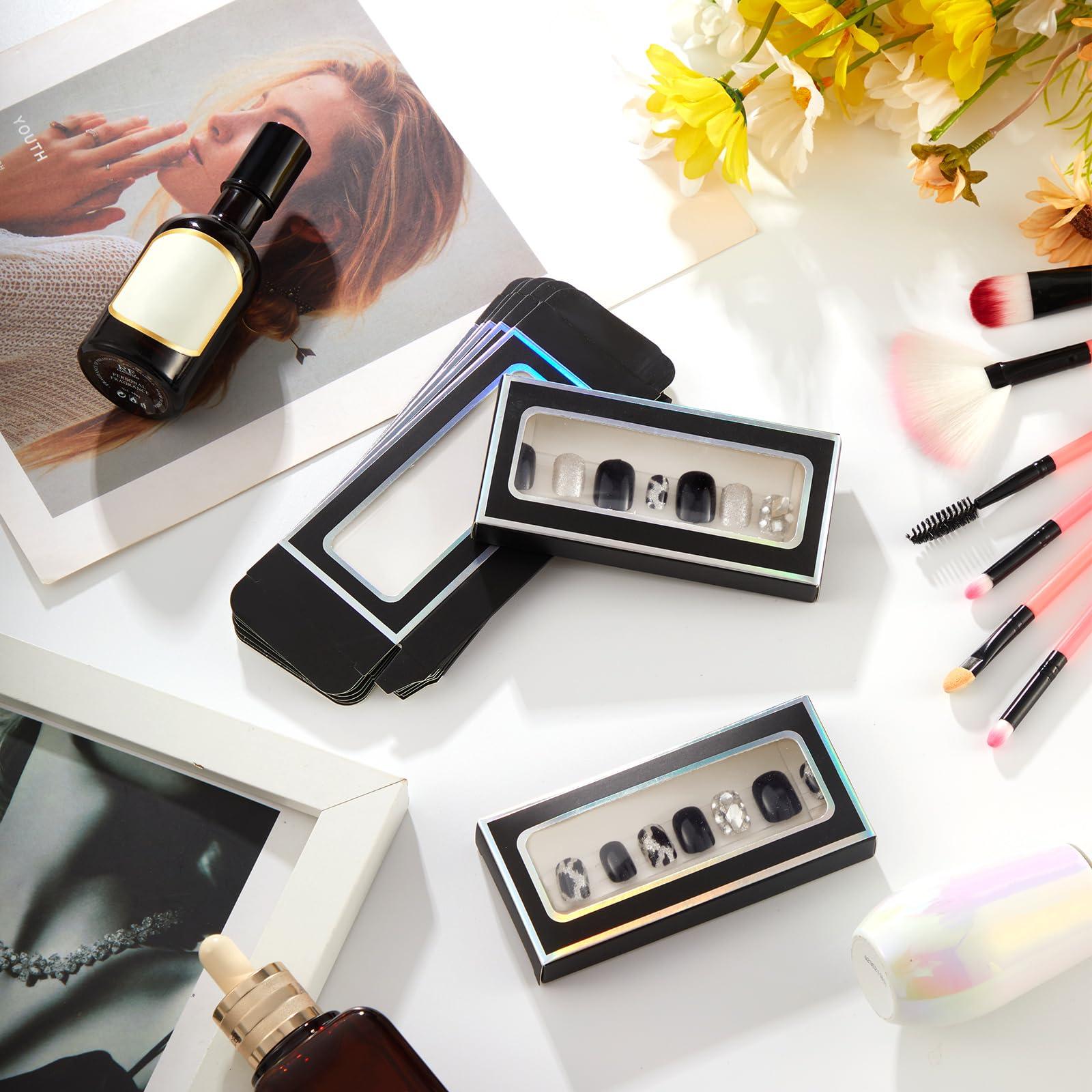 Crtiin Crtiin 60 Pcs Empty Press on Nails Packaging Box Set 30 Clear Glitter Paper Eyelash Storage Box and 30 Acrylic Nail Display Stand Holder with 1 Red Double Sided Tapes for Salon Home Office