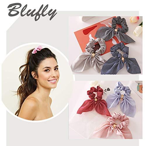 Blufly Blufly Ribbon Hair Scrunchies Rabbit Bunny Ear Bow Bowknot Scrunchies Bobbles Elastic Printed Flower Short Headband Ponytail Holders Vintage Head Tie for Women and Girls (Pack of 4) (B)