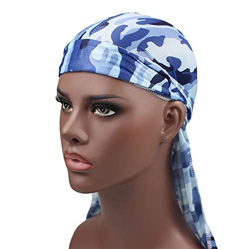 DIY Military Premium Blue Camo Silky Durag 360 Waves Long Tail Doo Rag Cap for Men Women Waves (Set3)