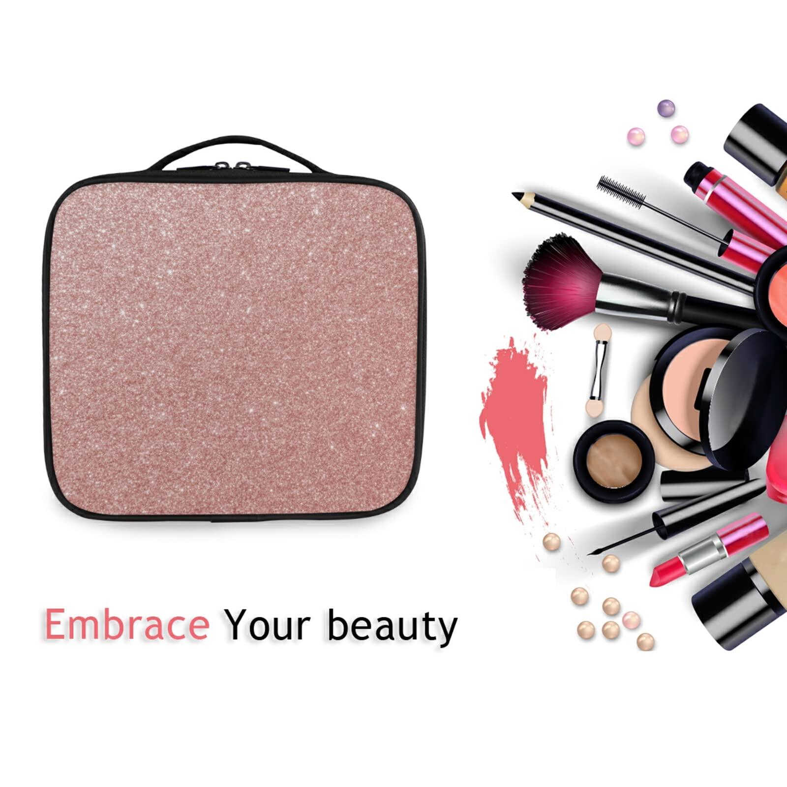 Oyihfvs Rose Gold Glitter Texture Pink Red Sparkling Shiny Background Women\'s Portable Makeup Bags with Handle, Adjustable Dividers, Travel Cosmetic Toiletry Accessories Storage Organizer for Girls
