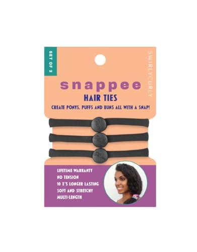 SWIRLYCURLY Snap Hair Ties for Thick, Natural, Curly Hair | No Slip, No Tension Pro Hair Tie | Strong Ponytail Holder (5 Pack, Black)