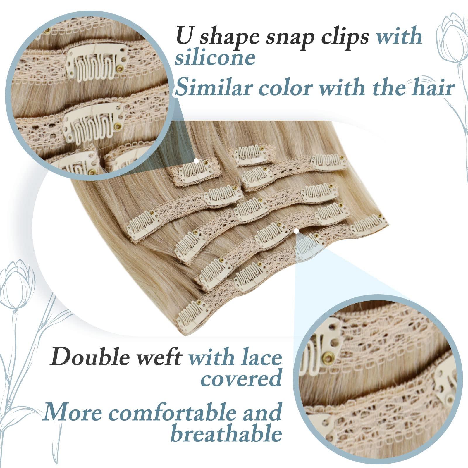 RUNATURE Light Ash Blonde Hiar Extensions Clip Ins 12 Inch Clip Hair Extensions #16p22 and #8p60 Brown with Blonde Human Hair Ponytail Extension 12 inch