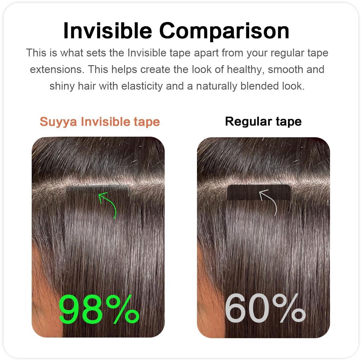 SUYYA SUYYA Invisible Tape in Hair Extensions Human Hair Natural Black Seamless Injected Hand-Tied Pro Quality Virgin Human Hair 20PCS 50G/Pack Straight Tape Ins(20 inch #1B Off Black)
