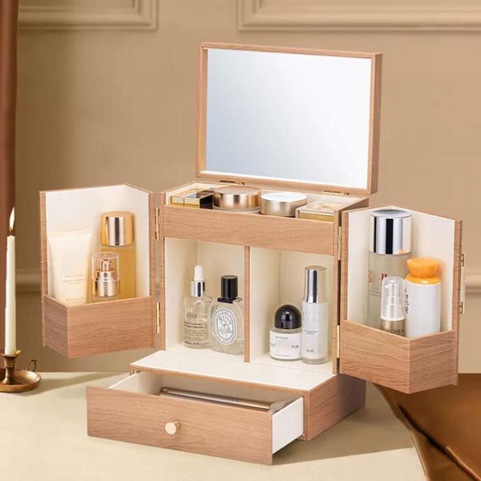 CLoxks makeup organizer Luxury Makeup Organiser Storage Box Cabinet with Mirror and Drawer, Cosmetic Organizer MDF, Skincare Organizer Beauty Caddy Storage Box for Dresser & Bathroom, Dust-Proof Waterproof c