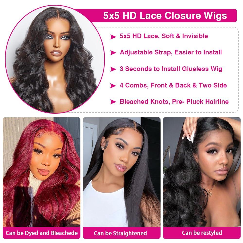 denacfi denacfi 5x5 HD Lace Closure Wigs Human Hair 250% Density Glueless Wigs for Beginners Pre Plucked Pre Cut Body Wave Lace Front Wigs Human Hair Closure Wigs for Women (Natural Black, 14 Inch)