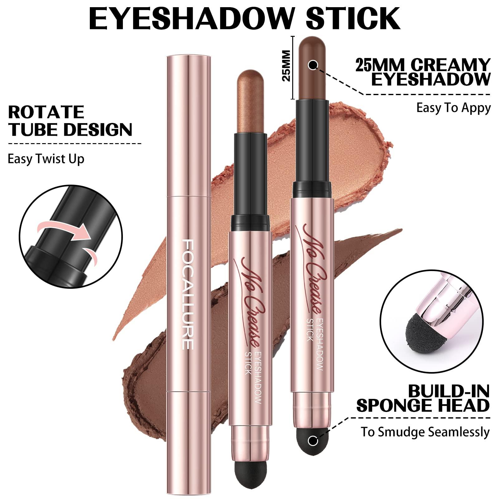 FOCALLURE FOCALLURE 2PCS No Crease Eyeshadow Stick,Shimmer and Matte Cream Eyeshadow Pencil Crayon,Long Lasting Waterproof Eye Brightener Stick With Blending Brush,Alloy Steel