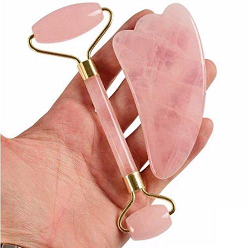 fengshuisale Feng Shui Anti Aging Jade Roller for face and Gua Sha Scraping Massage Tool Set Therapy, New 100% Natural Rose Quartz Jade Roller & Gua Sha Set W3405