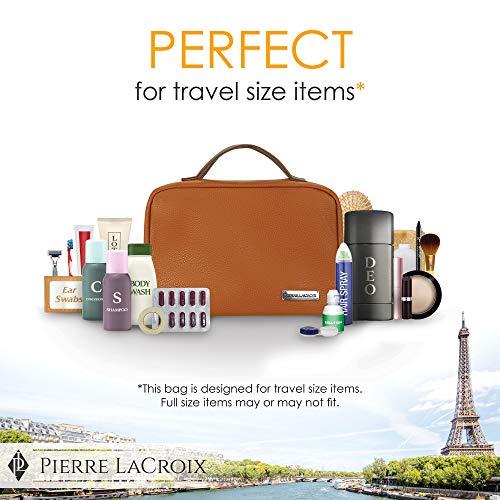 Pierre LaCroix Hanging Travel Toiletry Bag for Women and Men (100% Leak Proof & Doubles as a Cosmetic/Makeup Bag) | Large (34”x11”) | Clear Pockets | Detachable Compartment | Cruelty-Free Leather | (Brown)