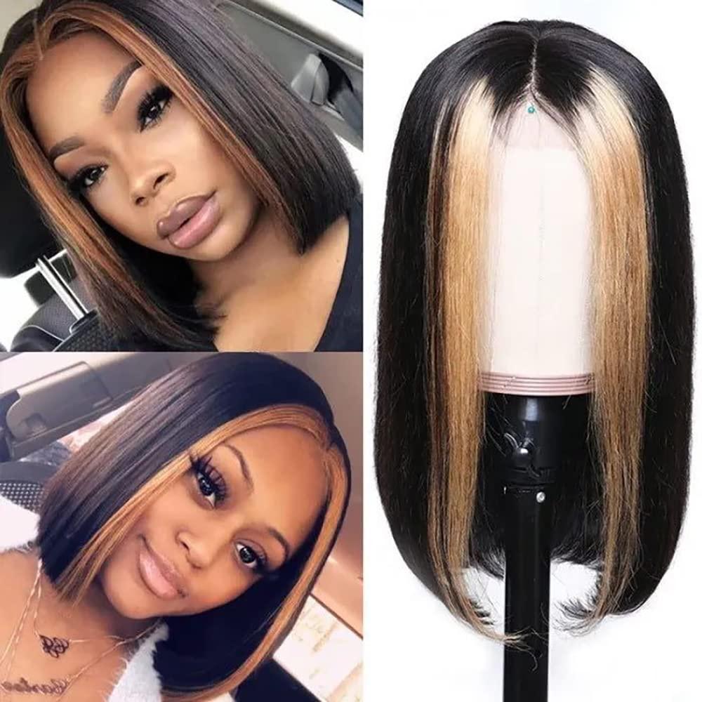 Wiggins Wiggins Skunk Stripe Wig Bob Wig Human Hair Honey Blonde Highlight Lace Front Wigs for Black Women Human Hair Short Straight Bob Wig Skunk Stripe Lace Front Wig Human Hair Hair 12 Inch