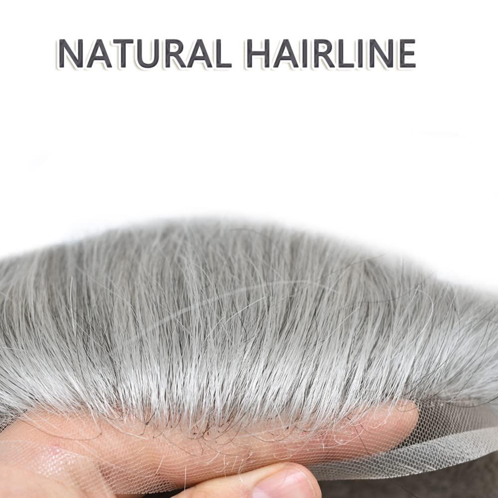 SINGA HAIR Hair System Toupee For Men Human Hair Piece Replacement Mens Toupee Wigs Male Prosthesis Transparent Full Lace Hair Unit for Men Hairpiece 7\'\'X9\'\' #1B90 Black Mixed Grey White