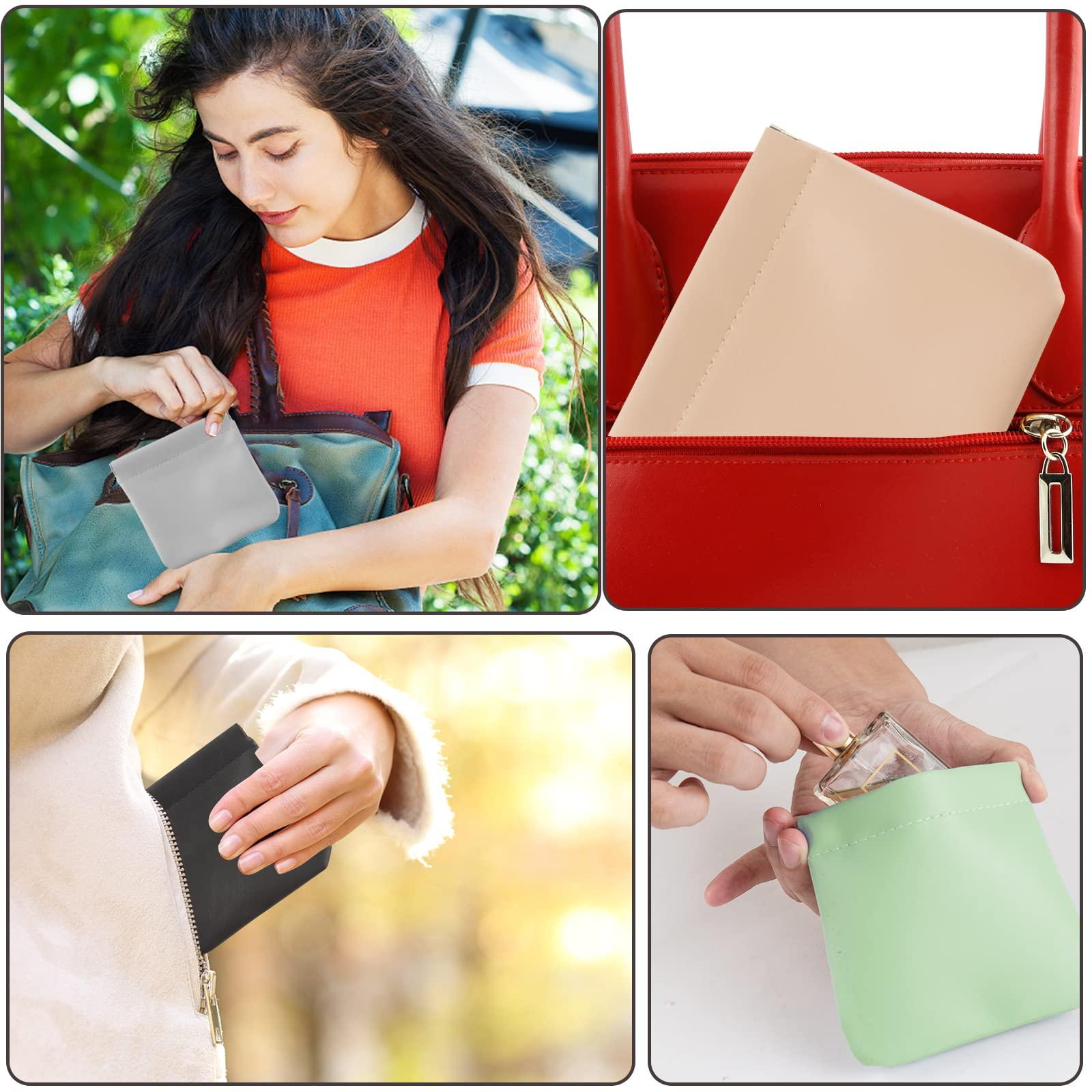 CANIPHA 4Pcs Lambskin Pocket Cosmetic Bag, Portable Waterproof Small Makeup Bag No Zipper Self-Closing Small Makeup Pouch for Women Mini Makeup Bag Travel Storage for Cosmetics Headphones Jewelry(B-Style)