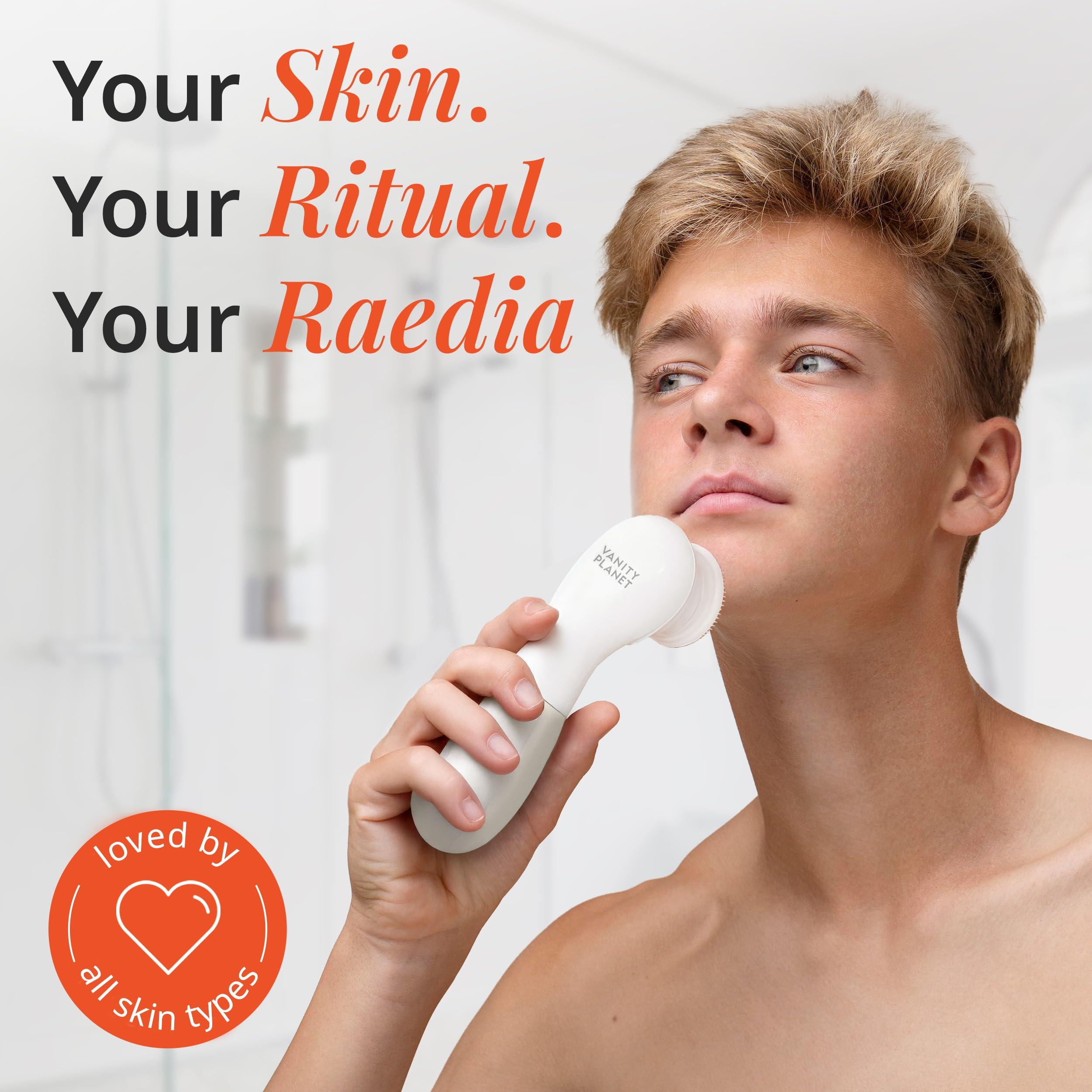 Vanity Planet Raedia Handheld Facial Cleansing Brush with 4 Interchangeable Brush Heads by Vanity Planet - Lightweight Daily Cleansing Brush for Glowing Skin - Water Resistant Face Exfoliator - Warm Grey