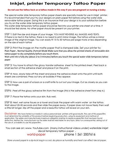 World-Paper Inkjet Tatto Inkjet Temporary Tattoo Paper 8.5" x 11" (Pack of 5 Sheets) -Make Your Own Removable Tattoo