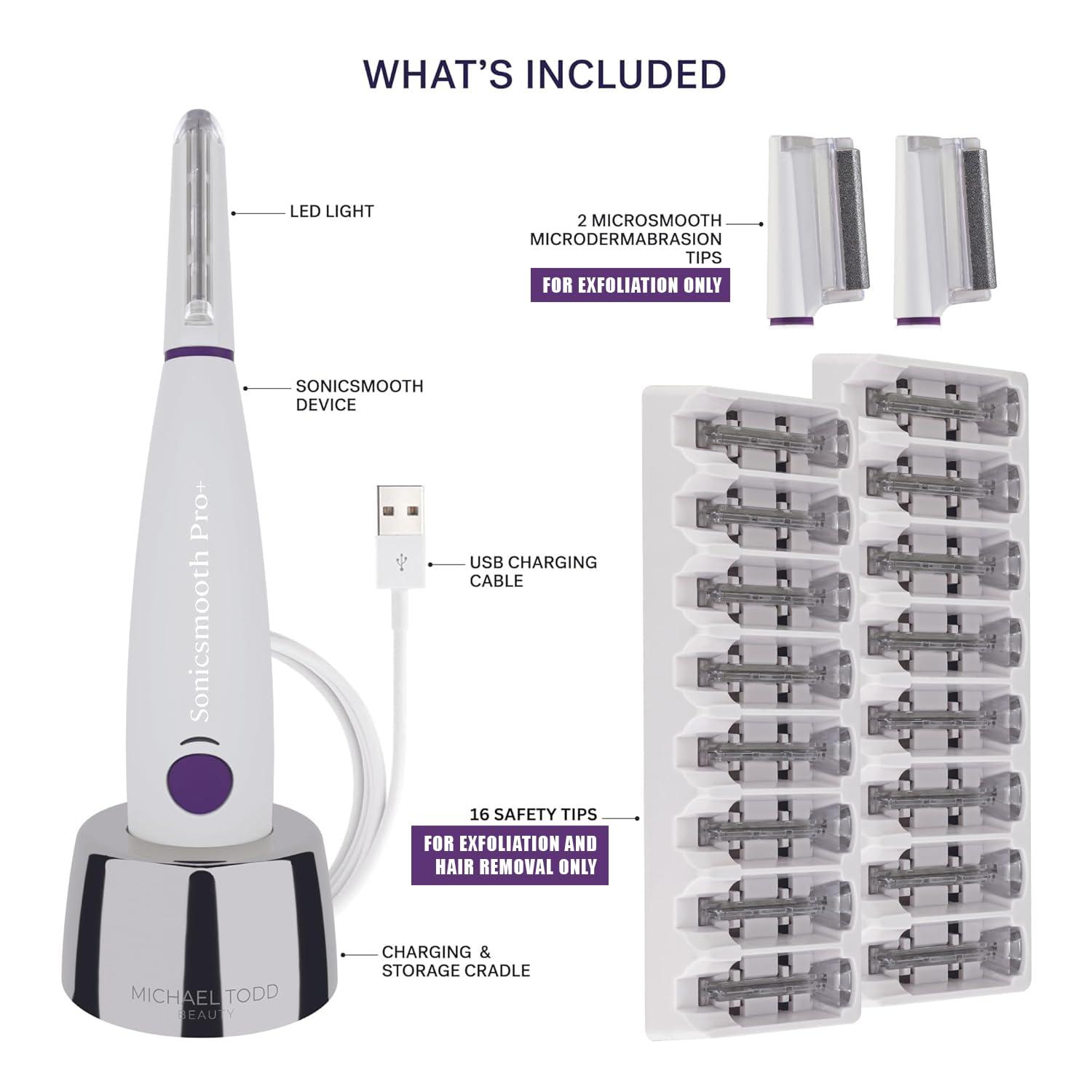 MICHAEL TODD Michael Todd Beauty - Sonicsmooth Pro+ Dermaplaning System with LED Light - 2 in 1 Women\'s Face Exfoliation & Peach Fuzz Hair Remover - 16 Dermaplaning Blades & 2 Microsmooth Microdermabrasion Tips