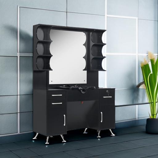 BarberPub BarberPub Backwash Shampoo Bowl Cabinet, Wall Mount Station with Mirror, Storage Cabinet with Drawers & Shelf Salon Equipment 3141 (Black)