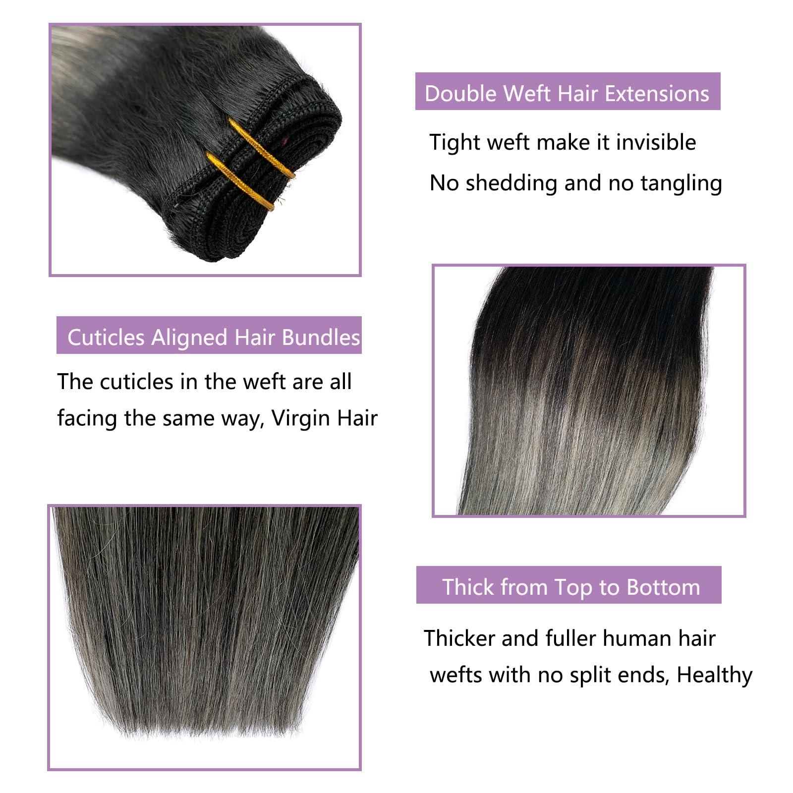 Licoville Black to Silver Grey Balayage Hair Extensions Human Hair Weft Hand Tied Sew in Hair Extensions 18 Inch 100G Straight Natural Sew in Black Silver Grey Human Hair Extensions 2-3 Packs for Full Head