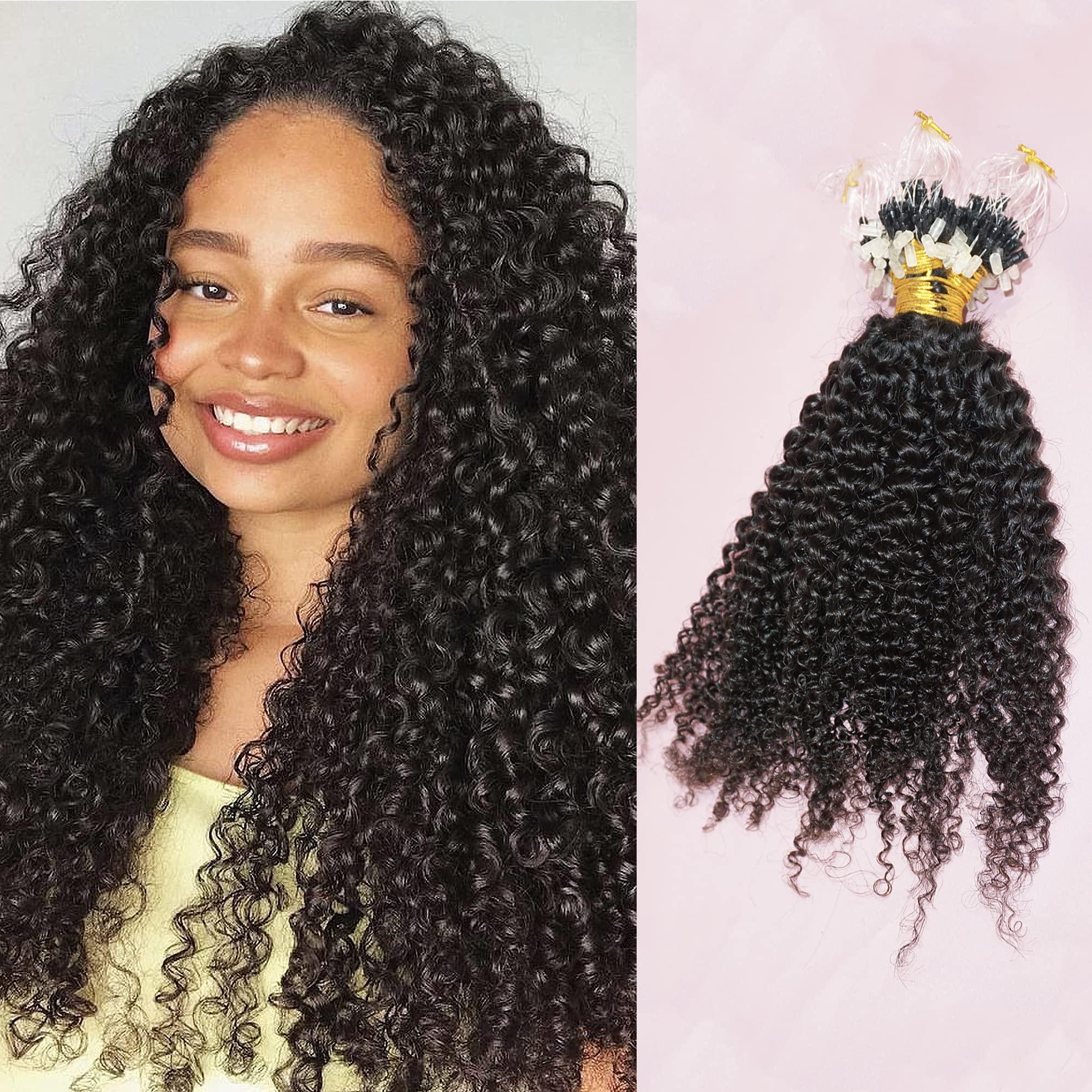 LANMINGO 50 Strands 1# Jet Black Micro Ring Link Human Hair Extensions afro CURLY Fusion Stick Micro Loop Kinky Curly remy human Hair extensions for black women