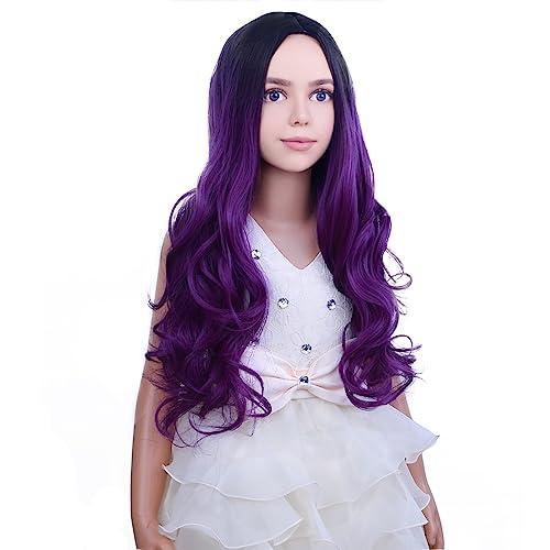 PATTNIUM PATTNIUM Dark Purple Wig Kids Child Wig Long Curly Wavy Wig Ombre Purple Wig Middle Part Girls Wig Black to Purple Wigs Heat Resistant Synthetic Hair Wig with Wig Cap