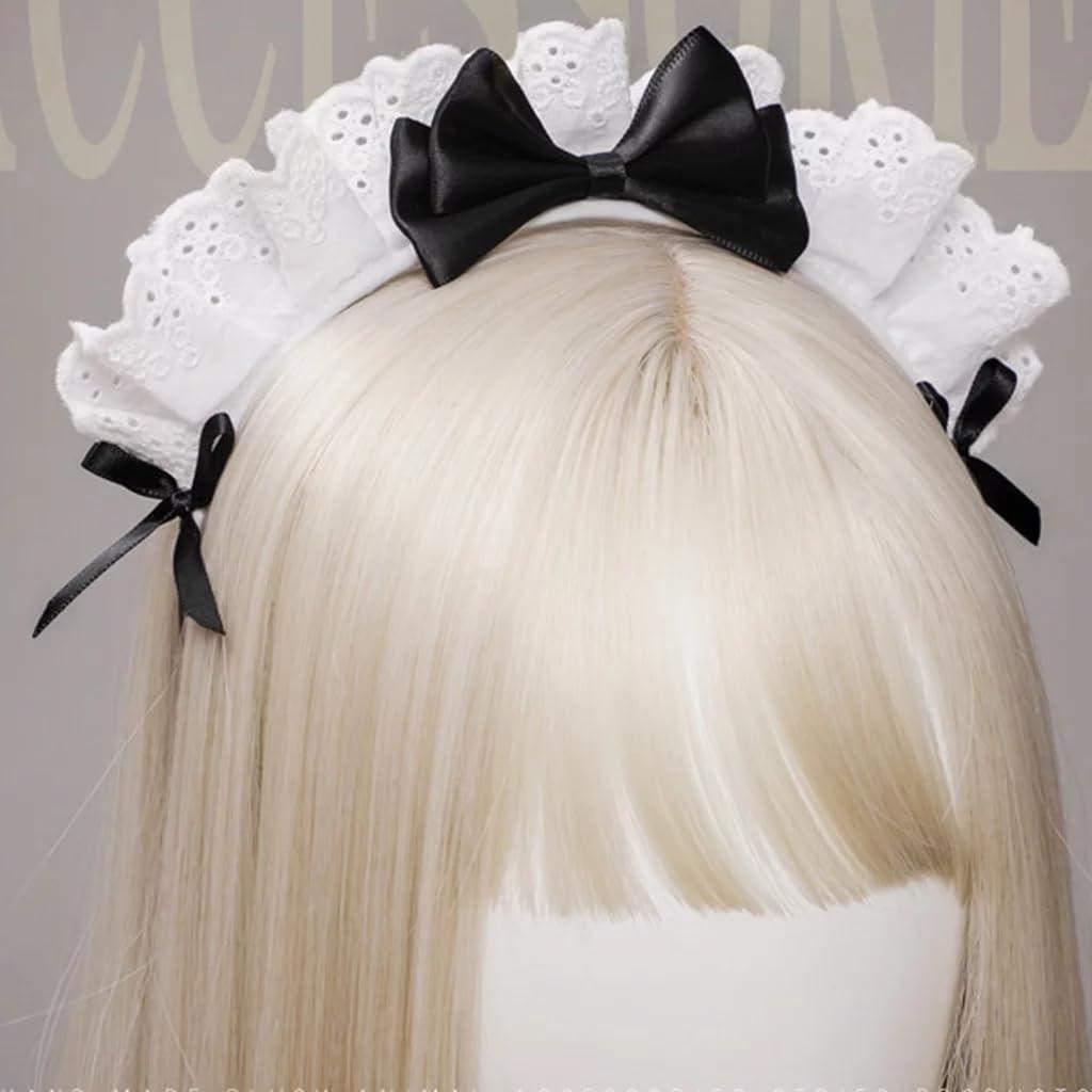 Juroicessry 2Pc Black Women Girls Lolita Headband Lace Bow Hair Band Maid Anime Cosplay Headwear Ribbon Bowknot Women\'s Fashion Headbands Cute Hair Band Party Hair Accessories