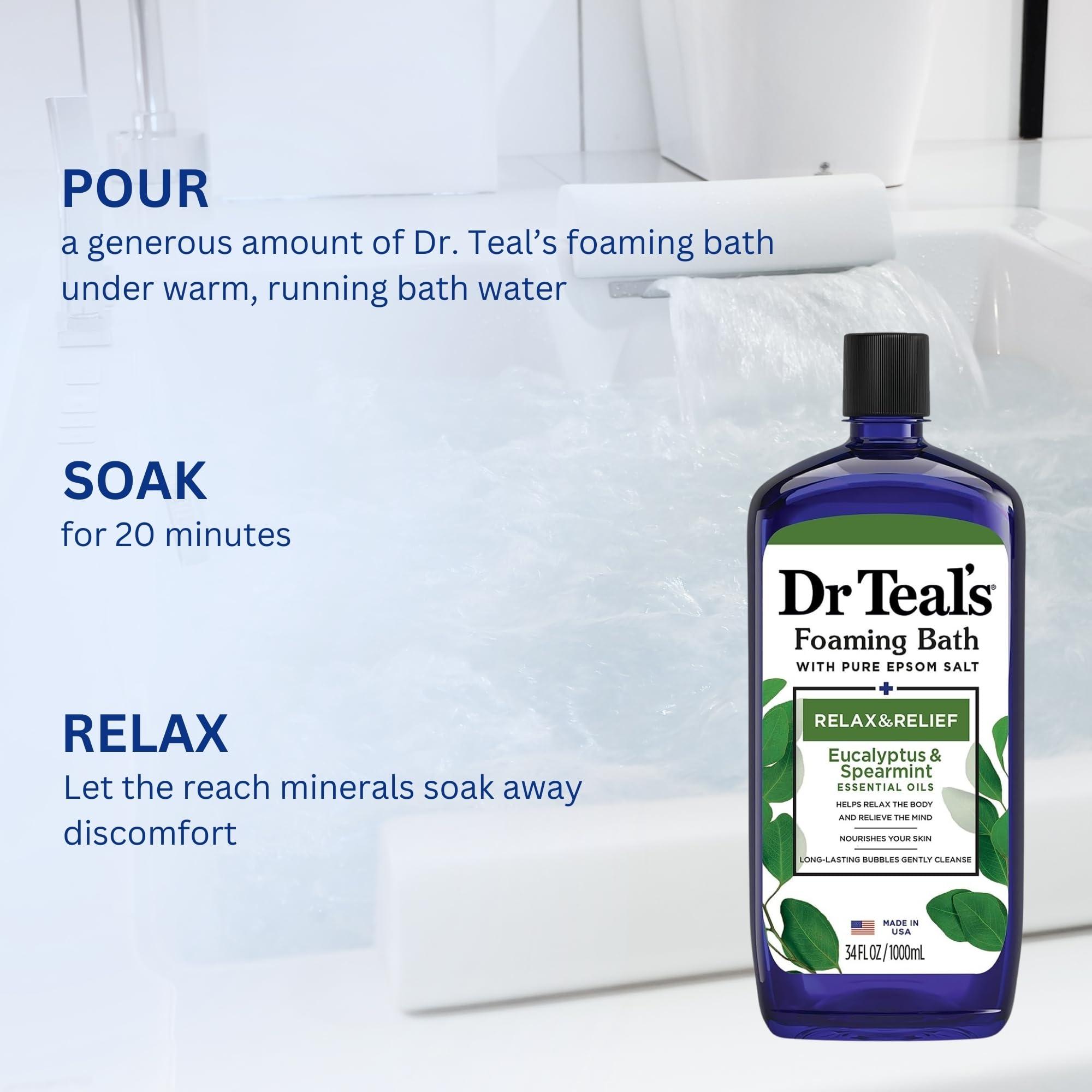 Variety Junction Dr. Teal\'s Eucalyptus and Spearmint Foaming Bath 34oz Bottles (Pack of 2) with Variety Junction Premium Bath Sponge - Relax and Relief, Bubble Bath, Relaxing, Men\'s and Women\'s