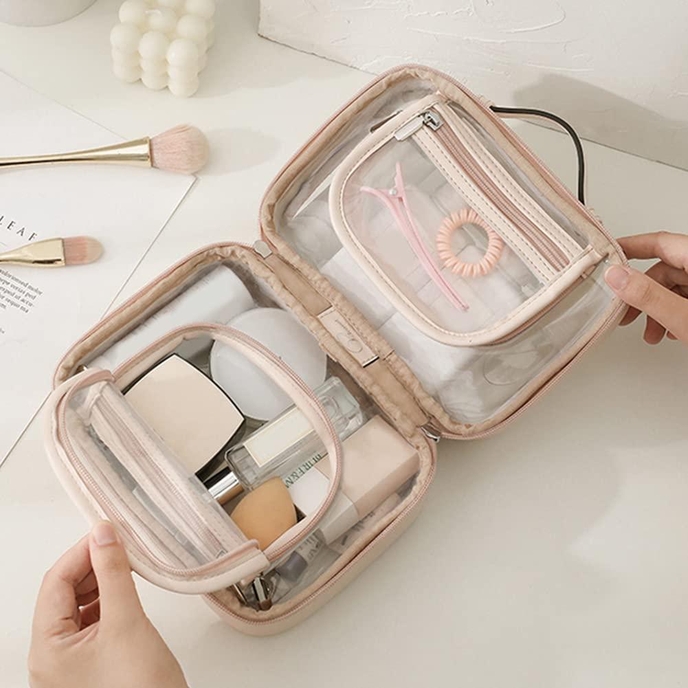 Cessfle Cessfle Clear Travel Makeup Bag Double Sided Travel Cosmetic Bag Waterproof Transparent Toiletry Bag Flat Lay Makeup Organizer Case with Compartments for Women