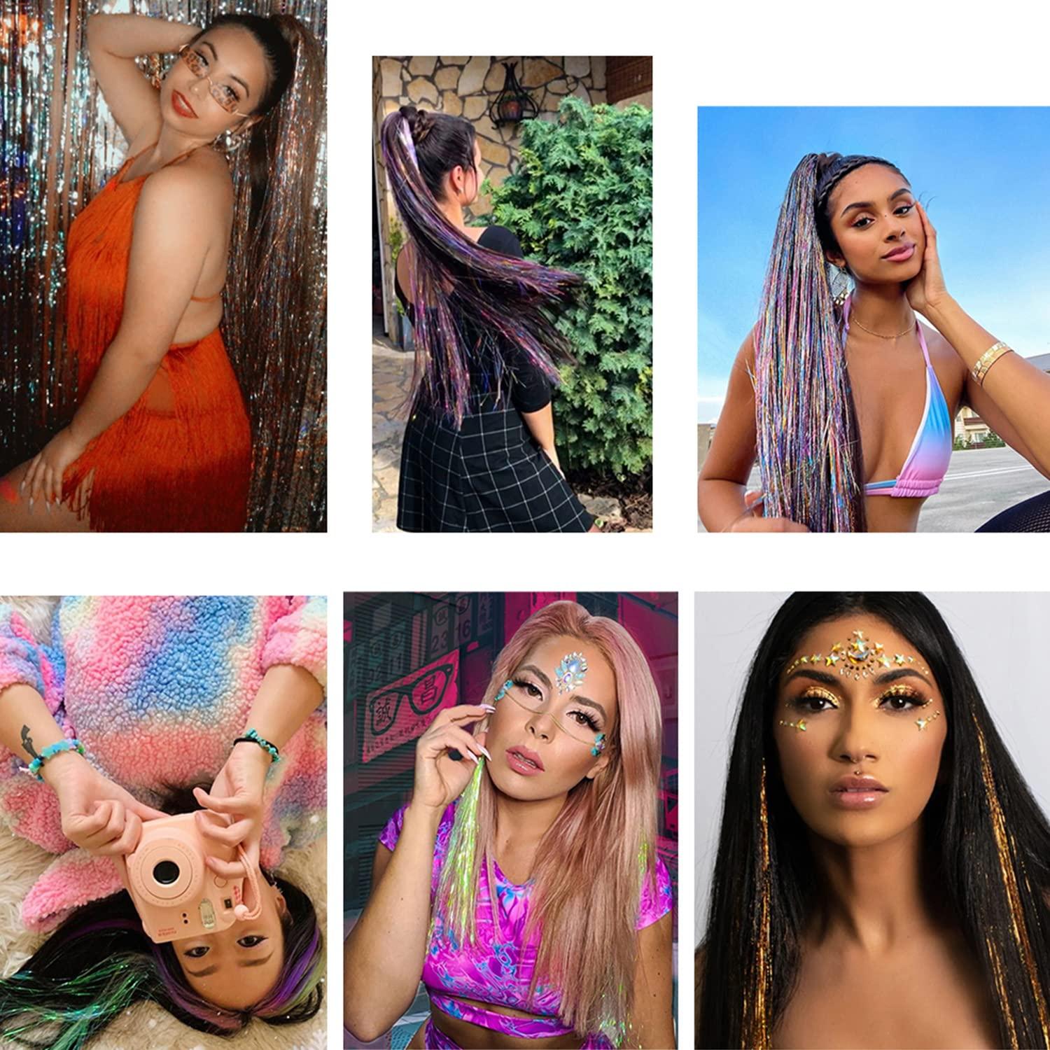 YOOONXI White Pink Hair Tinsel Kit with Tool 6pcs 1200 Strands Glitter Tinsel Hair Extensions Heat Resistant Sparkling Shiny Fairy Hair Accessories for Women Girls Kids 47Inch