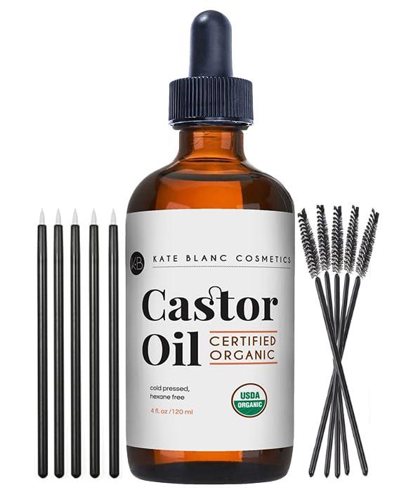 Kate Blanc Cosmetics Kate Blanc Cosmetics Organic Castor Oil (4oz). 100% Pure, Cold Pressed, Hexane Free in a Glass Bottle. Stimulate Growth for Eyelashes, Eyebrows, Hair. Skin Moisturizer & Oil Cleanse with Starter Kit