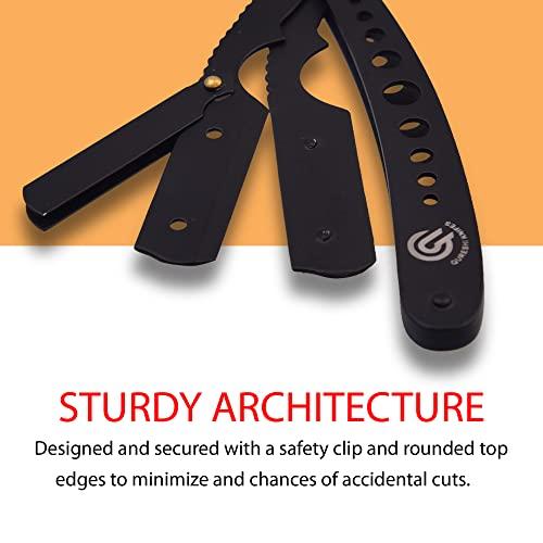 QURESHI KNIFES QURESHI KNIFES Stainless Steel Men Straight Edge Razor - Professional Barber Razor for Men - Includes 100 Blades - Men Straight Razor for Beard - Straight Single Edge Razor for Barber Equipment (Black