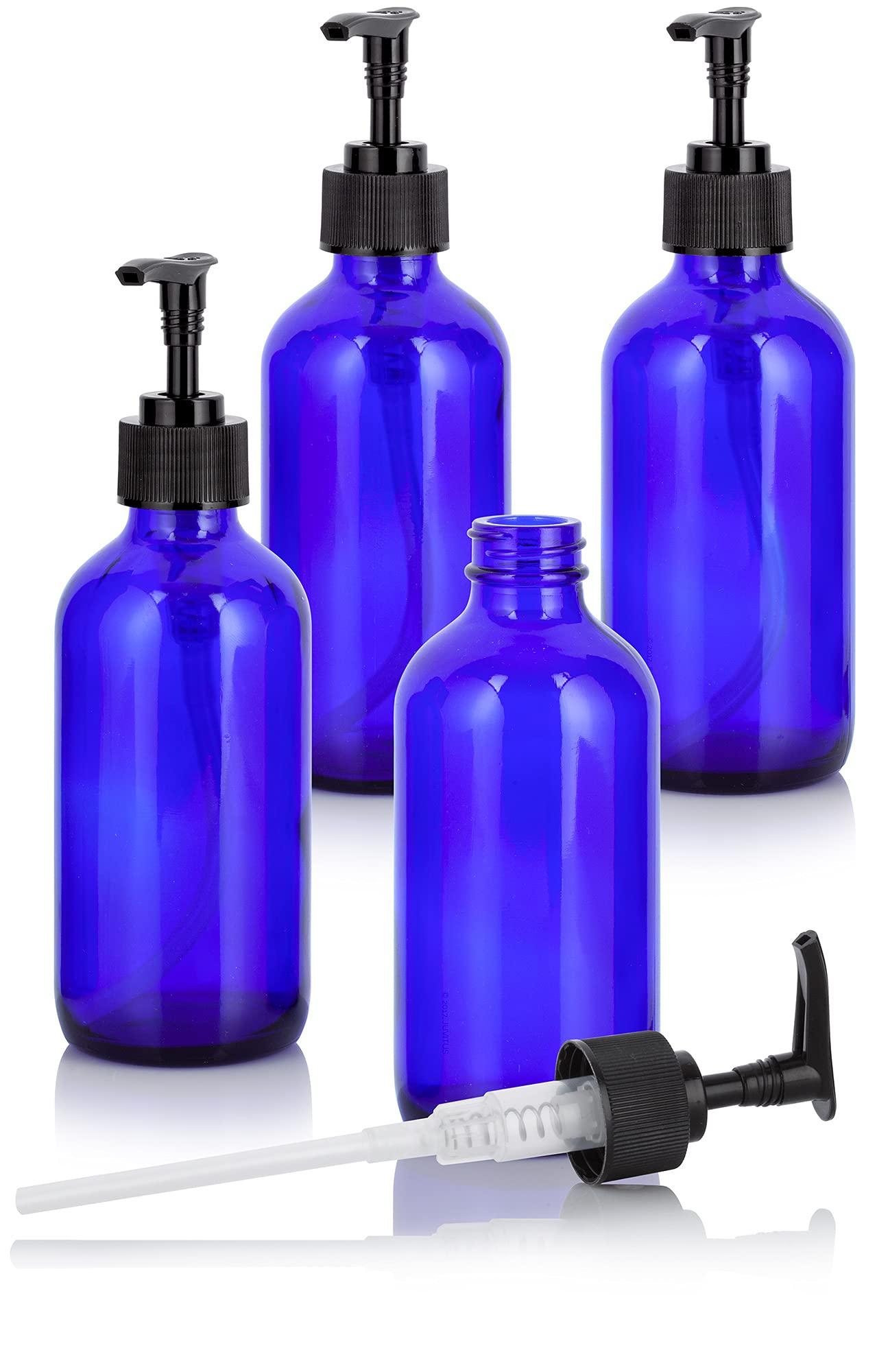 JUVITUS JUVITUS 8 oz Cobalt Blue Boston Round Glass Bottles with Black Lotion Pump (4 pack) + Travel Foamer Bottle