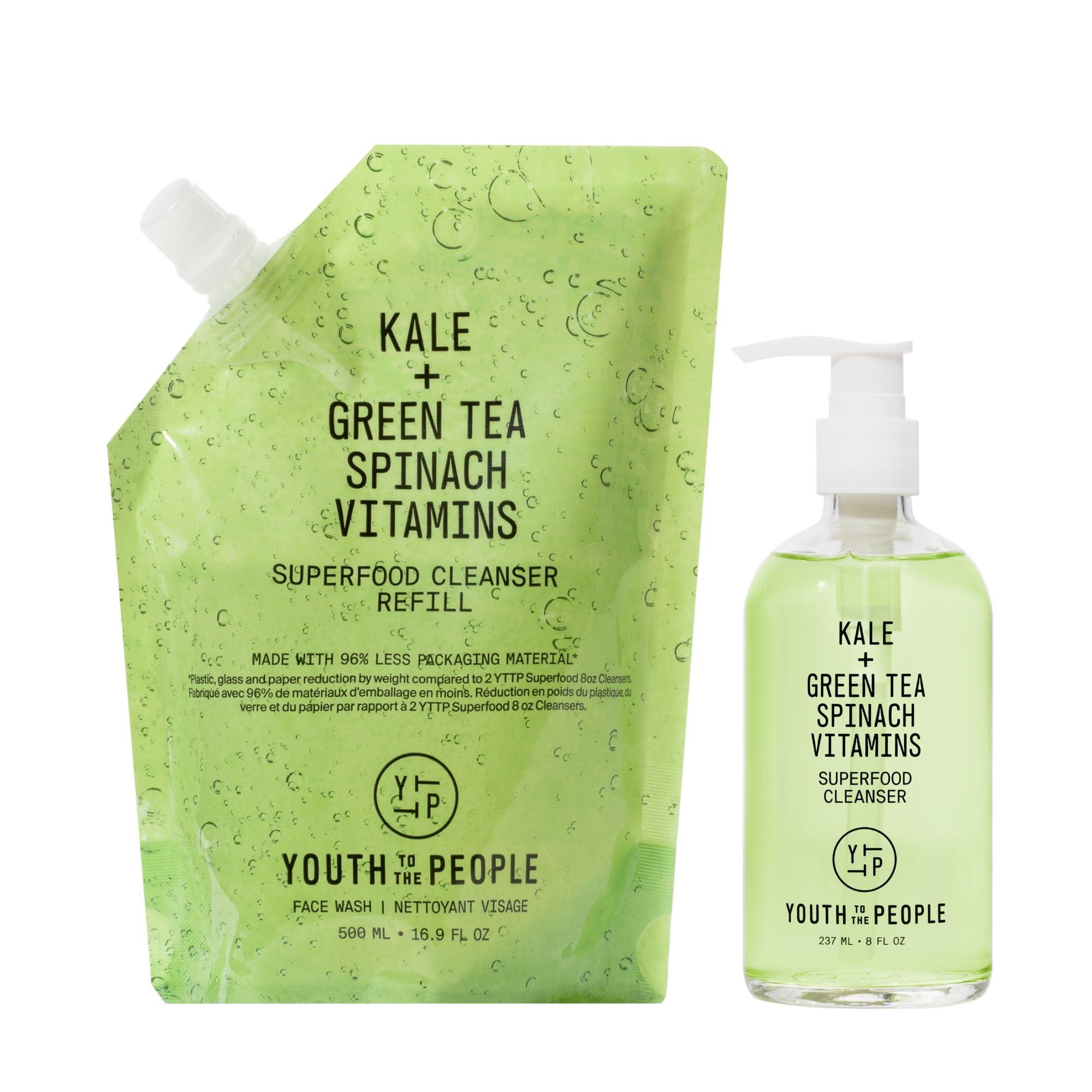 Youth To The People Youth To The People Superfood Cleanser Home Refill Bundle Set, Kale + Green Tea Face Cleanser (8oz) + (16oz Refill Pouch), Award-Winning Face Wash, Makeup Remover, All Skin Types