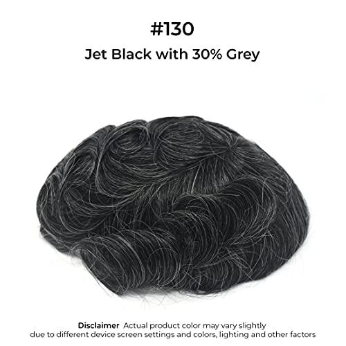 Superhairpieces Superhairpieces Men\'s Toupee Hairpiece NM111 Natural Human Remy Hair 8x10\" Hair Wig 0.1mm Thinnest Skin Base Hairpiece All V-looped Invisible handmade 95% High-Density Mens toupee (Black + 30% Synthetic Grey Hair)