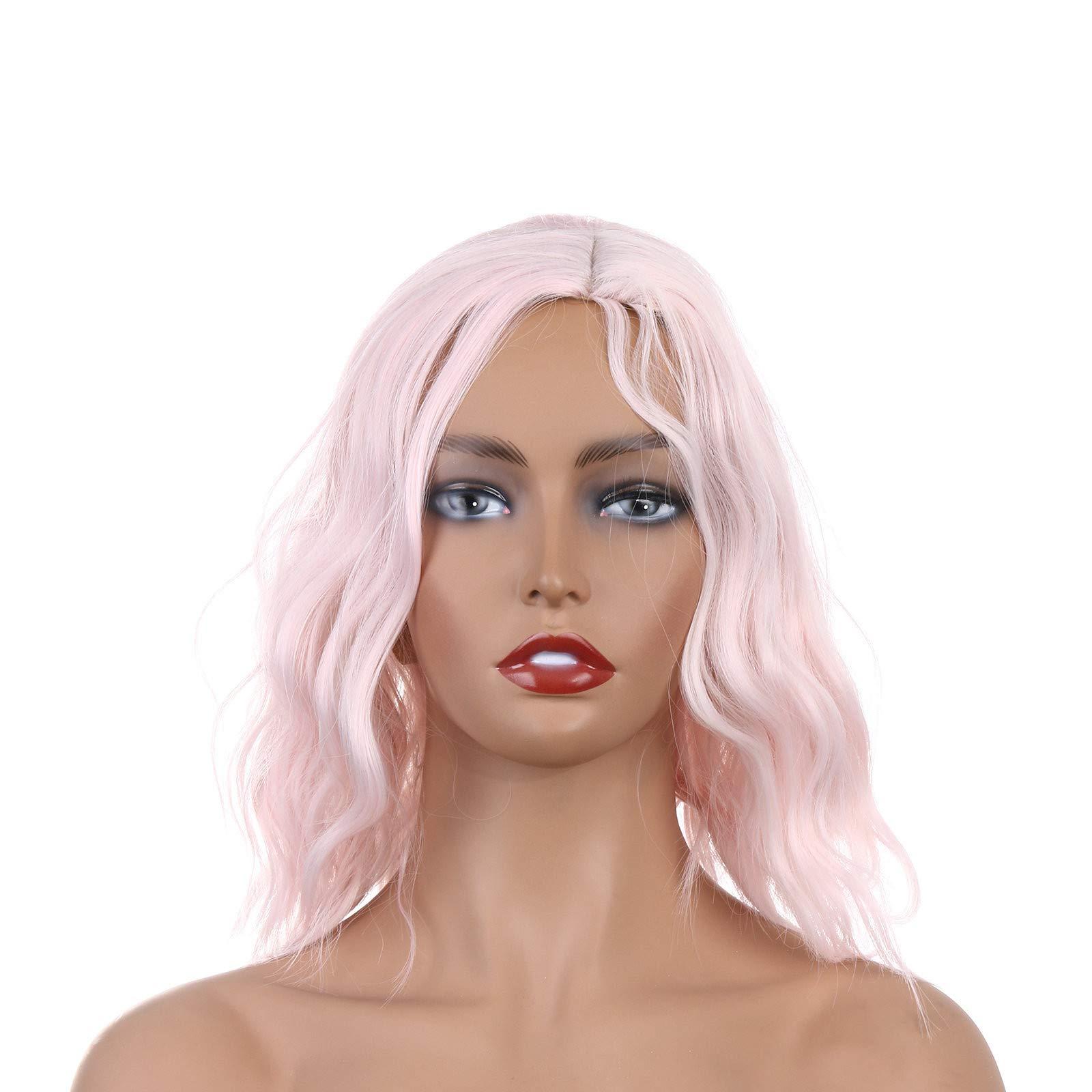 Aubatece Aubatece Face And Hair Steamer Wig American And Cosplay Female Headgear European Short Pink Curly wig Curly Lace Front Wig Human (Pink, One Size)