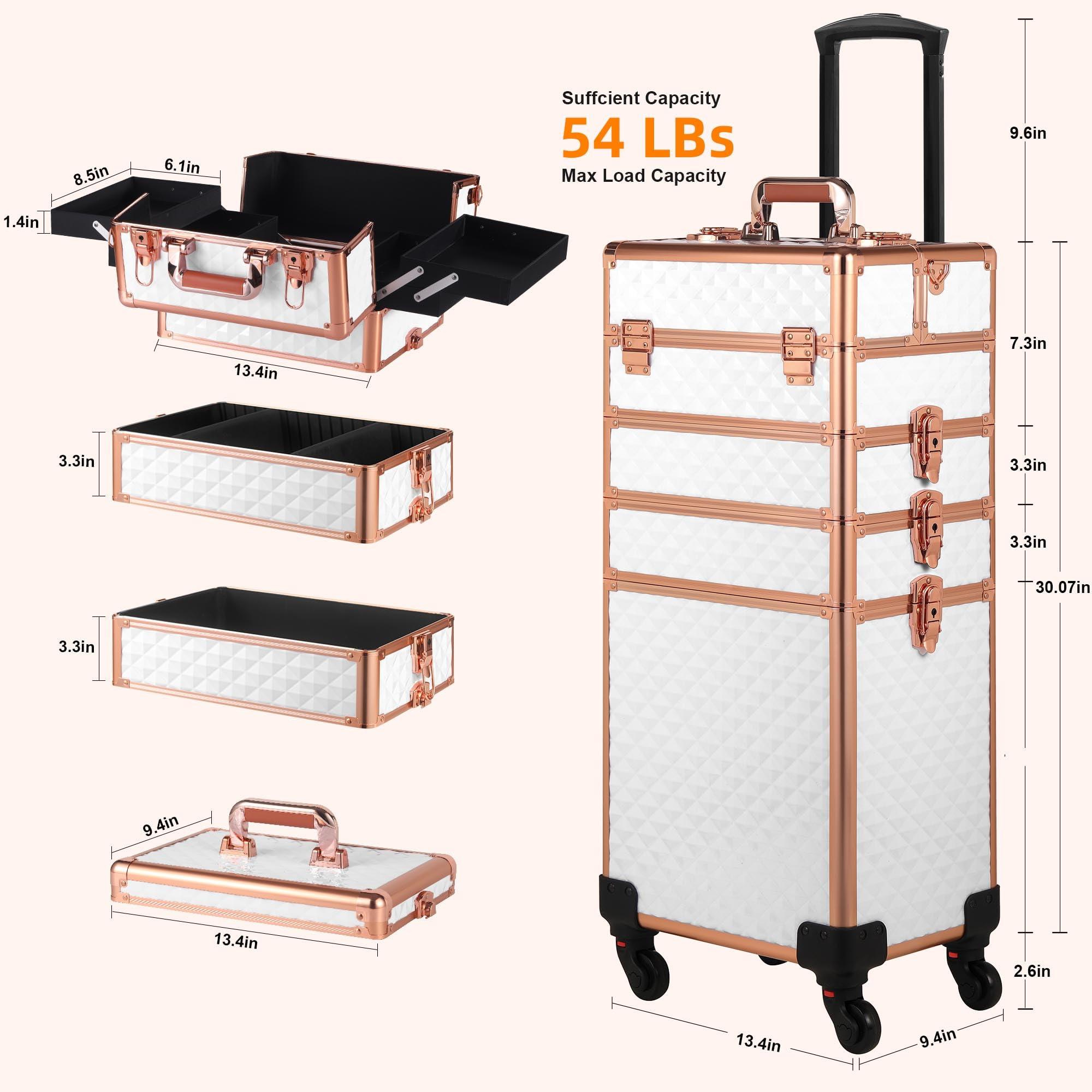 Somduy Somduy Rolling Makeup Case, Makeup Train Case with Lid, 5 in 1 Cosmetology Case on Wheels, Christmas Gift, Large Makeup Case Organizers, Profesional Cosmetic Case for Salon Barber, White Gold