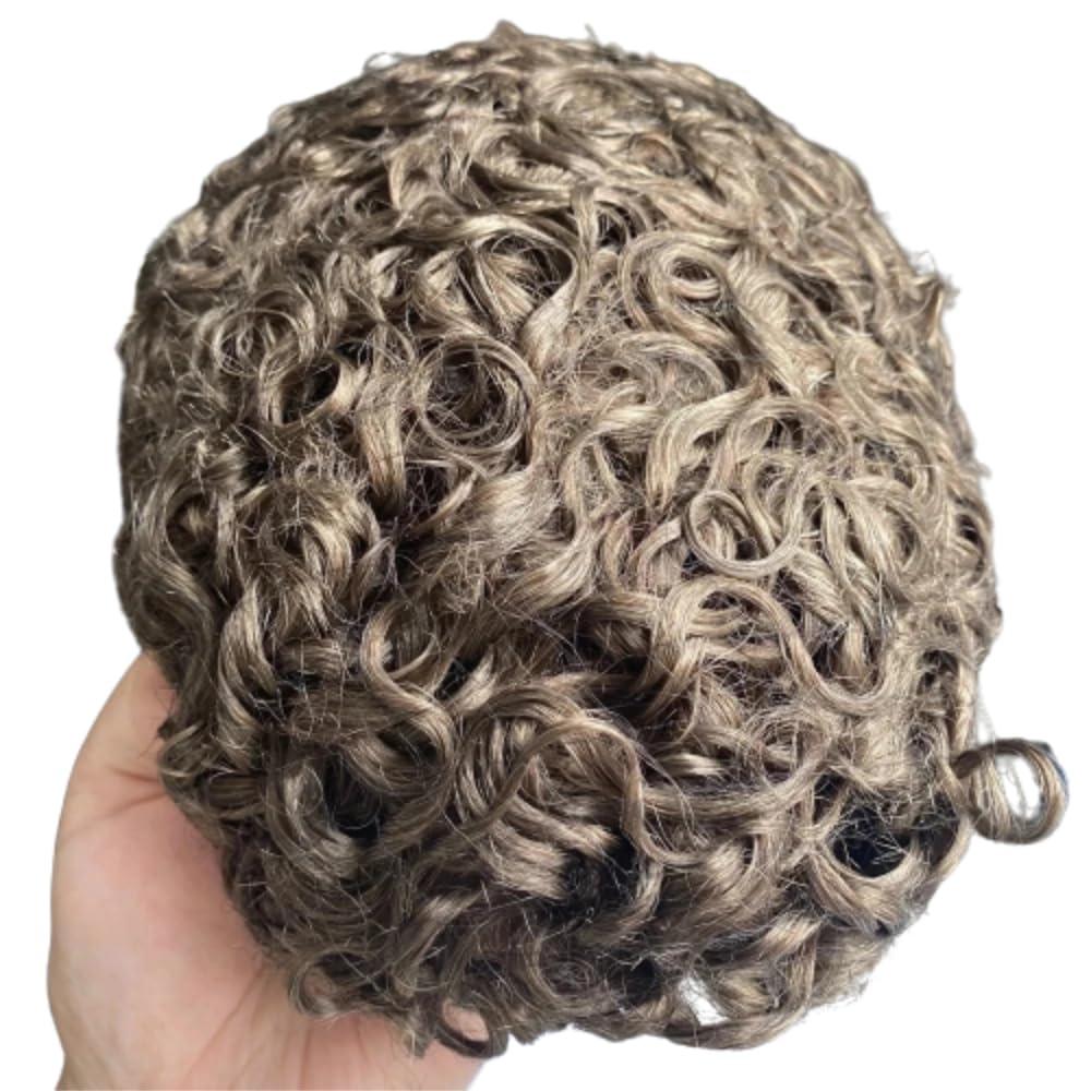 Mprosthesis Toupee for Men Human Hair Wigs Mens Toupee European Virgin Human Hair Units Curly Wave Mens Wig Toupee Hair Real Human Replacement System for Man FPM Prosthesis Units 10\" x 8\" (#4 Light Brown)