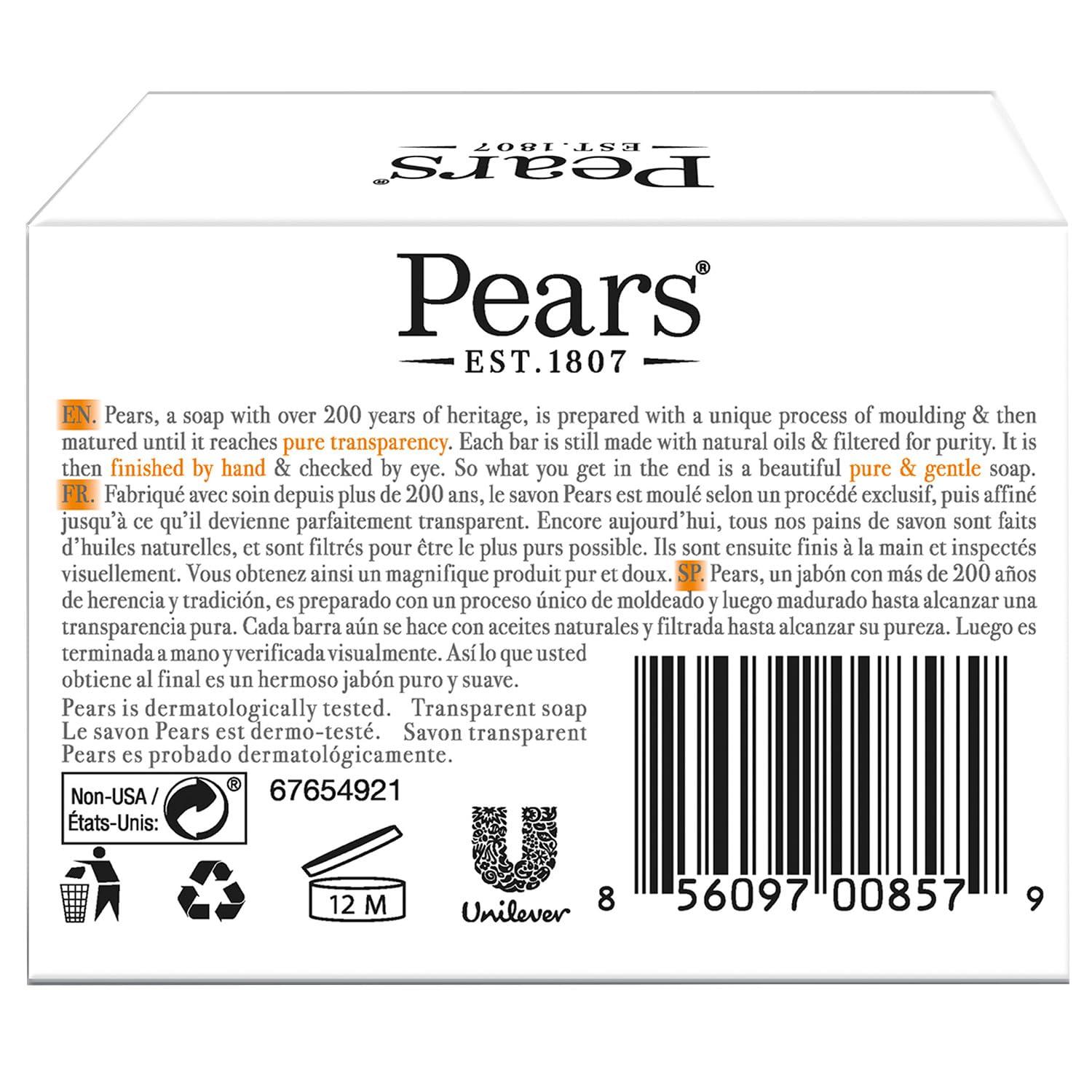 PEARS Pears Soap, Face & Body Soap, Amber Pure & Gentle Transparent Bar Soap, Moisturizing Glycerin Soap with Natural Oils for Pampered, Glowing Skin, 4.4 Oz (Pack of 24)