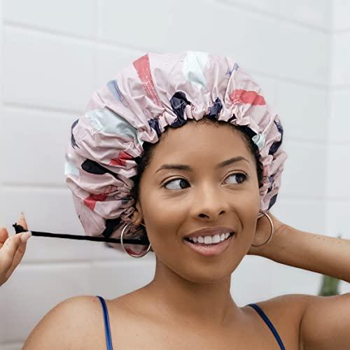 Glow By Daye Glow by Daye Satin Lined Shower Cap, Adjustable and Waterproof with Satin Interior for Hair Protection, Large, Free Spirit