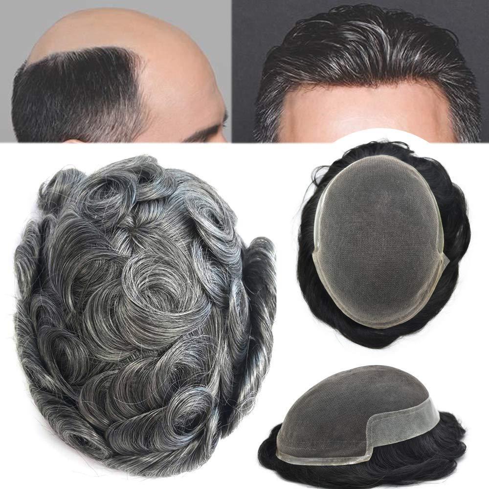 LHC Mens Toupee 100% European Real Human Hair Mens Hair Pieces Toupee For Men Front Swiss Lace Hair Replacement System For Men Breathable Mens Hairpiece Bleached knot Natural Hairline Hair Units For Men (7*9, #350 3# DARK BROWN WITH 50% SYNTHETIC GREY-10