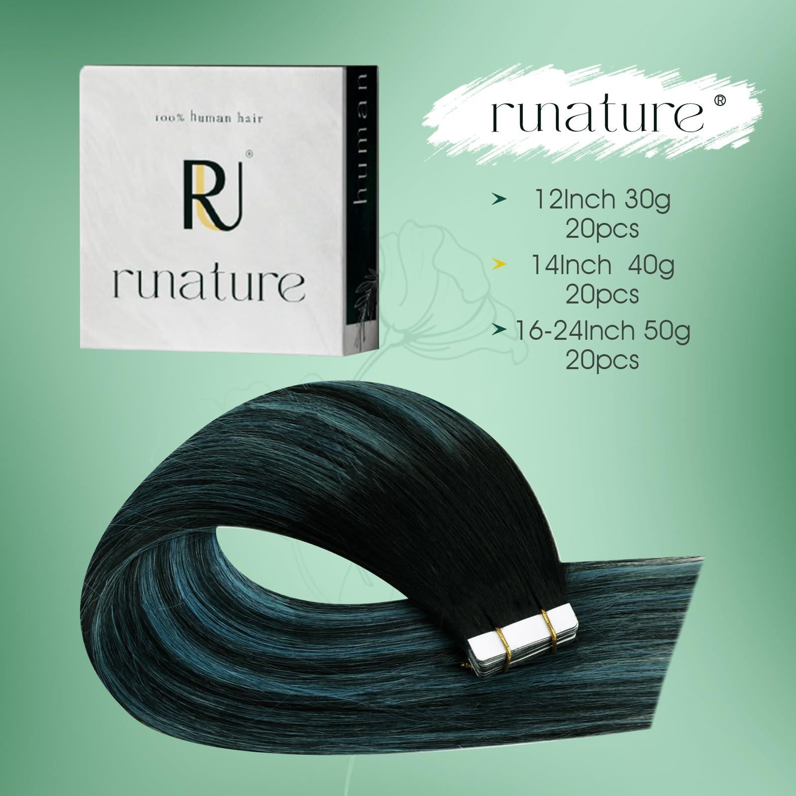 RUNATURE RUNATURE Black Ombre Tape in Hair Extensions Real Human Hair Tape in Extenions Short Natural Black to Blue Tape in Human Hair Extensions Teal Straight Glue in Hair Extensions Human Hair 12 Inch 30g