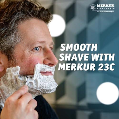 MERKUR MERKUR 5005 Travel Shaving Set featuring MERKUR 23C Three-piece Safety Razor with Long Handle & Bright Chrome Finish, 10 Double Edge Blades & Black Leather Case | Made In Germany