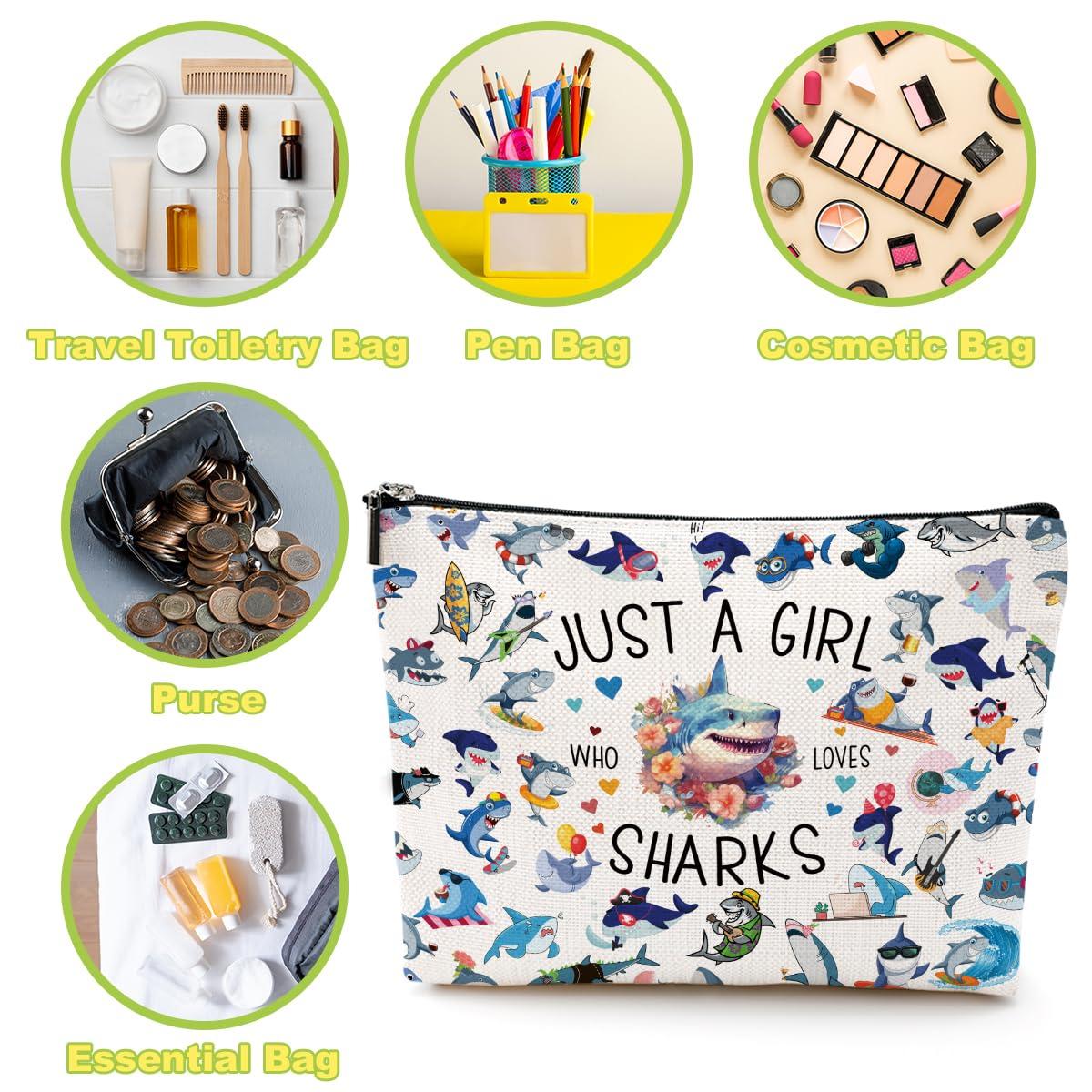 EIXU A Girl Loves Sharks Shark Gifts Shark Stuff Shark Decor Cosmetic Bag Nurse Thanksgiving Graduation Christmas Birthday Makeup Bag Funny Friendship Gifts for Women Friend Teen Girls Sister Shark Lovers