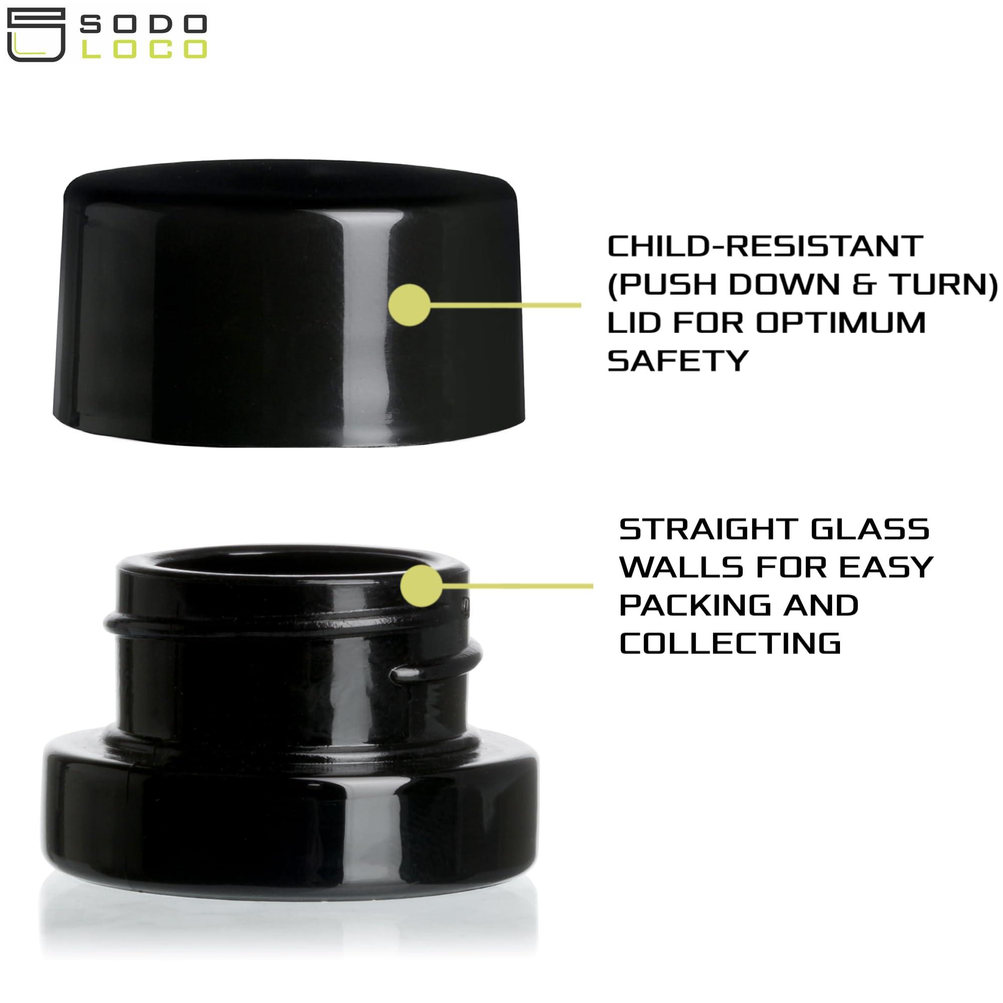 SODO LOCO (200 Pack) 5ml Thick Black Glass Jars with Black Child Resistant Lids - UV Resistant - Storage for Oil, Lip Balm, Wax, Cosmetics - Mini Child Proof Container