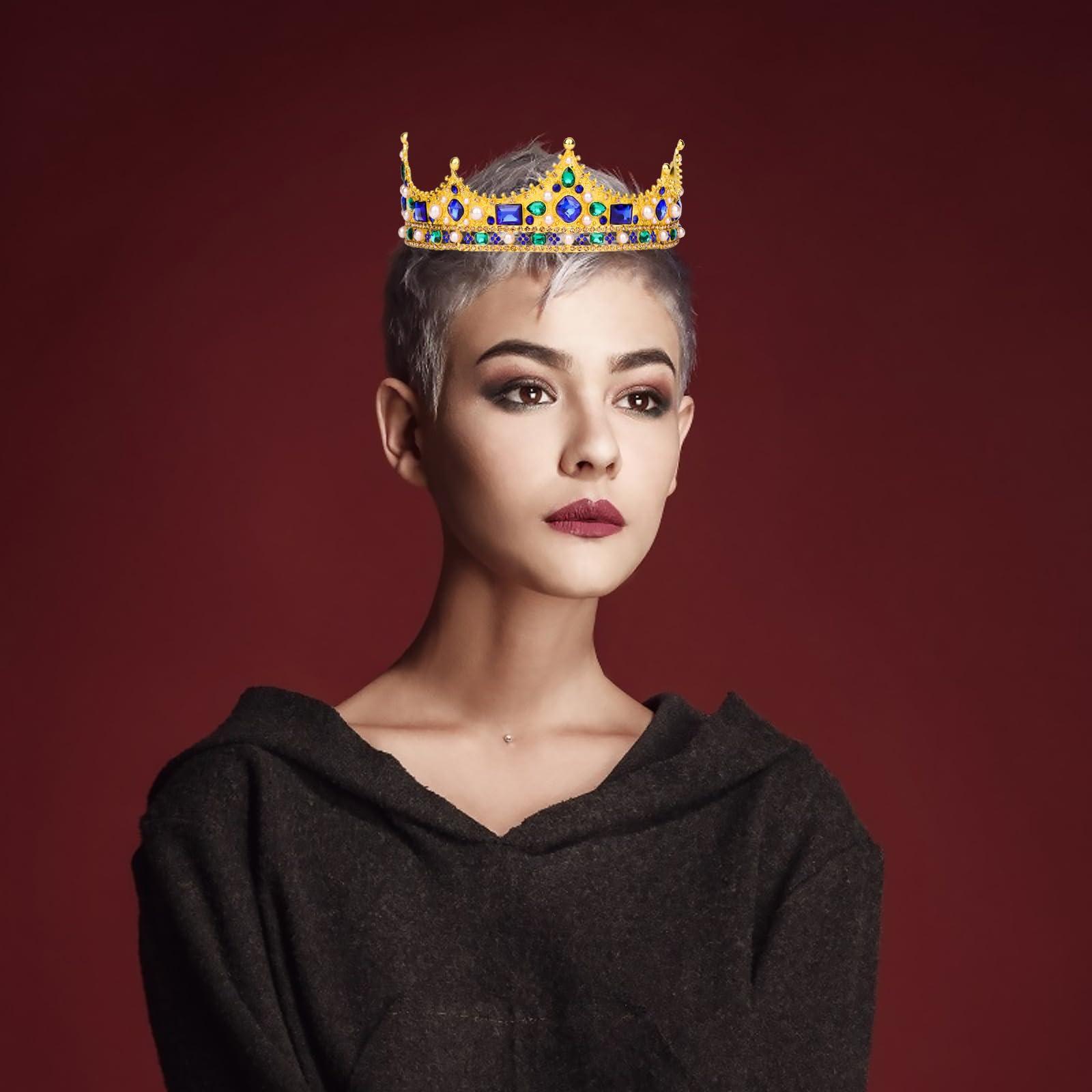 CIEHER King Crown, CIEHER King Crowns for Men Women Crystal Baroque Royal Crown Prom Crown Tiara Evil Crown Luxury Rhinestone Blue & Green Crown for Birthday King Halloween Cosplay Party Birthday Decorations