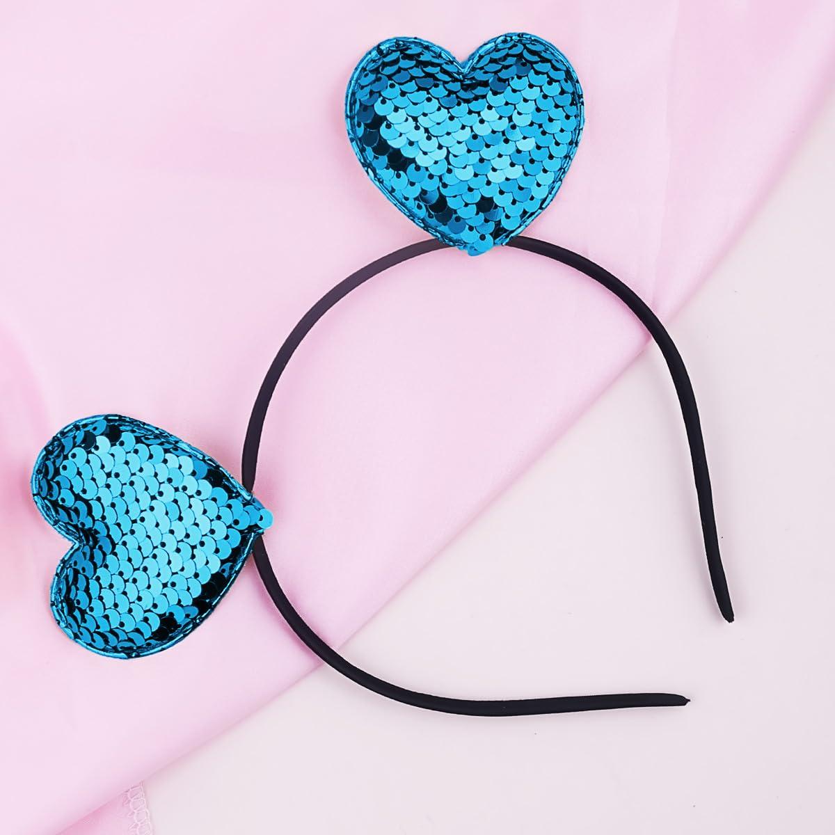 Doneace Valentines Day Headband Blue Glitter Heart Headband Sequin Heart Shape Hair Band Head Boppers Wedding Hair Hoop Party Hair Accessories for Women Girls Valentine\'s Day New Year Birthday Gift, 1Pack