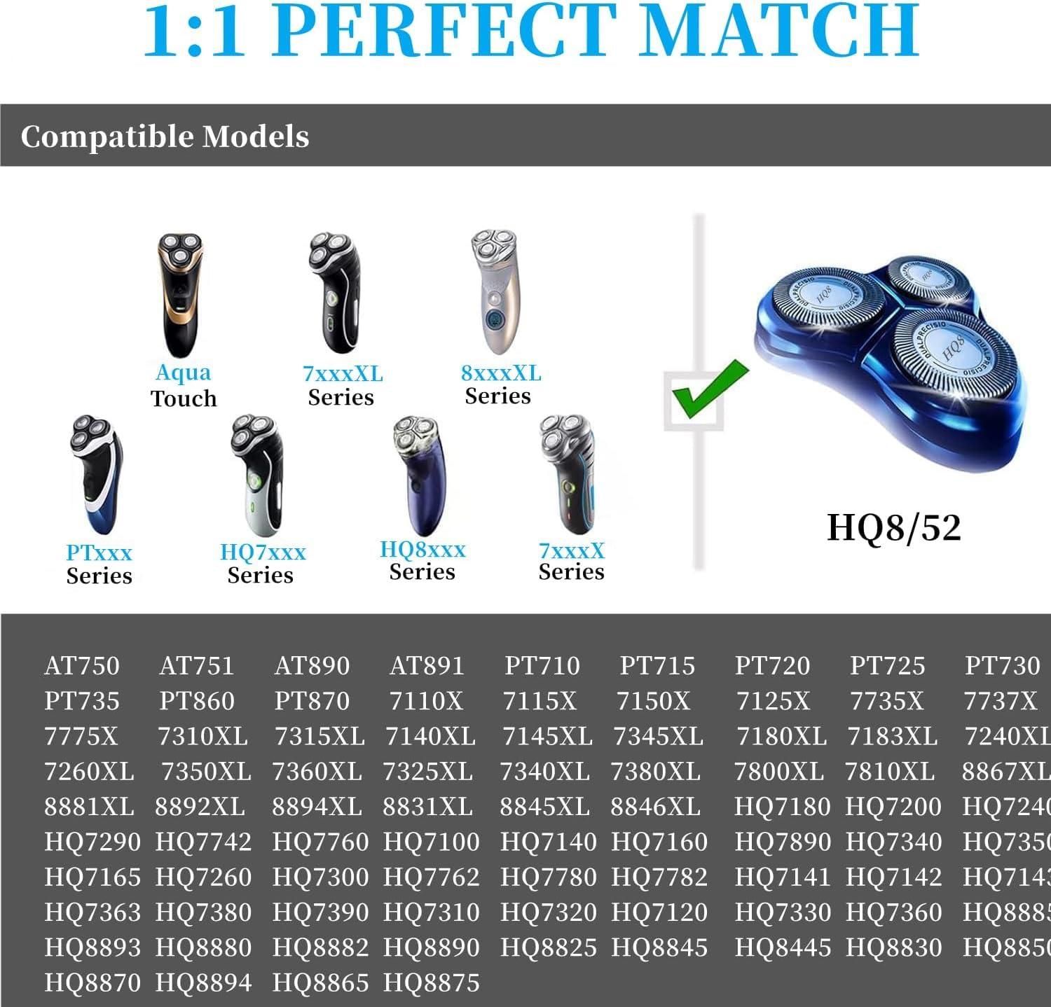 Midnt HQ8 Replacement Heads for Philips Norelco Aquatec Shavers PT720 PT730 AT810 AT815 AT830 AT880,HQ8 Blades,6pcs.