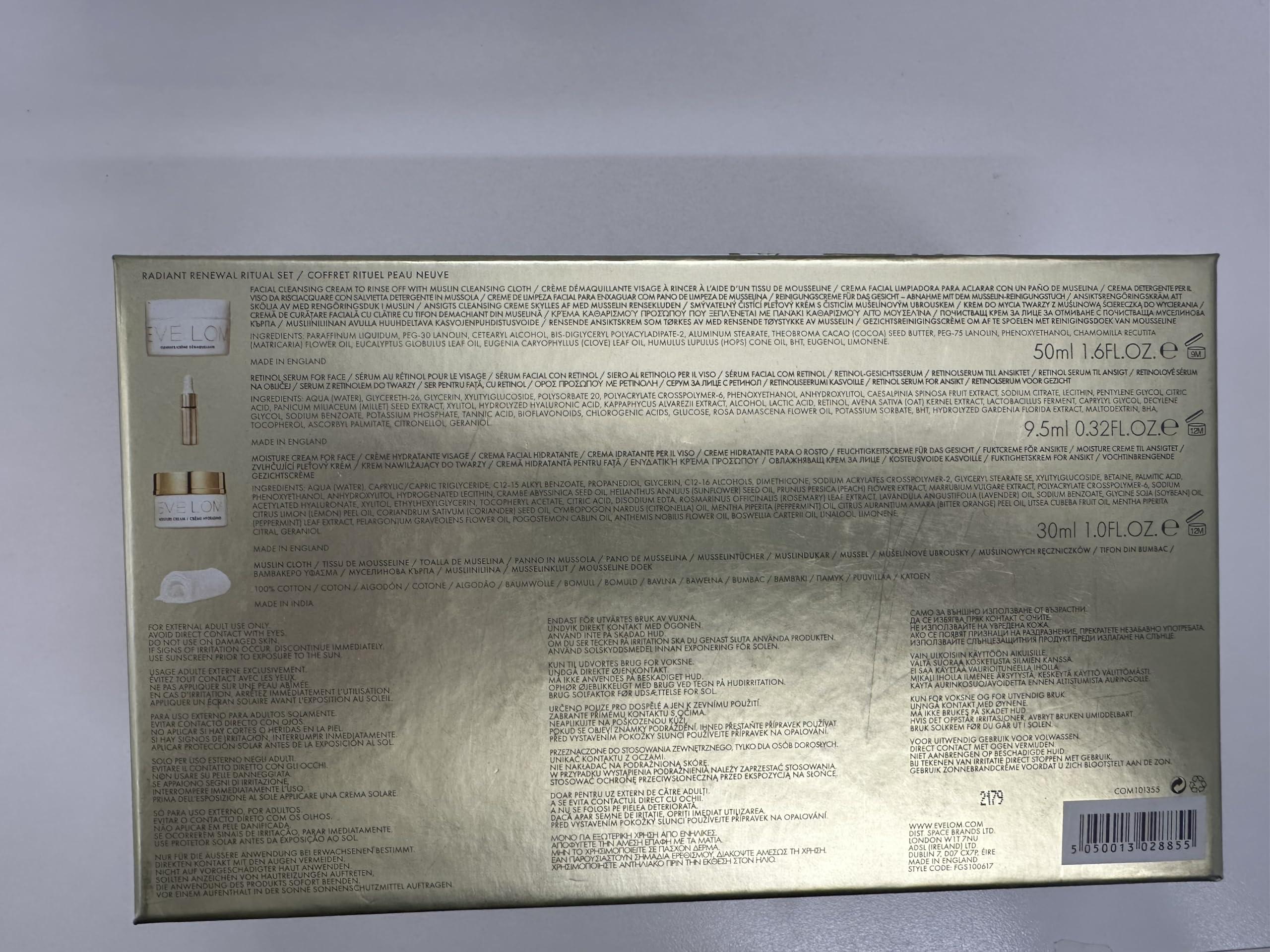 EVE LOM EVE LOM Radiant Renewal Ritual Set | includes 50ml Cleanser, Muslin Cleansing Cloth, 9.5ml Radiance Repair Retinol Serum, 30ml Moisture Cream, 4 piece holiday set