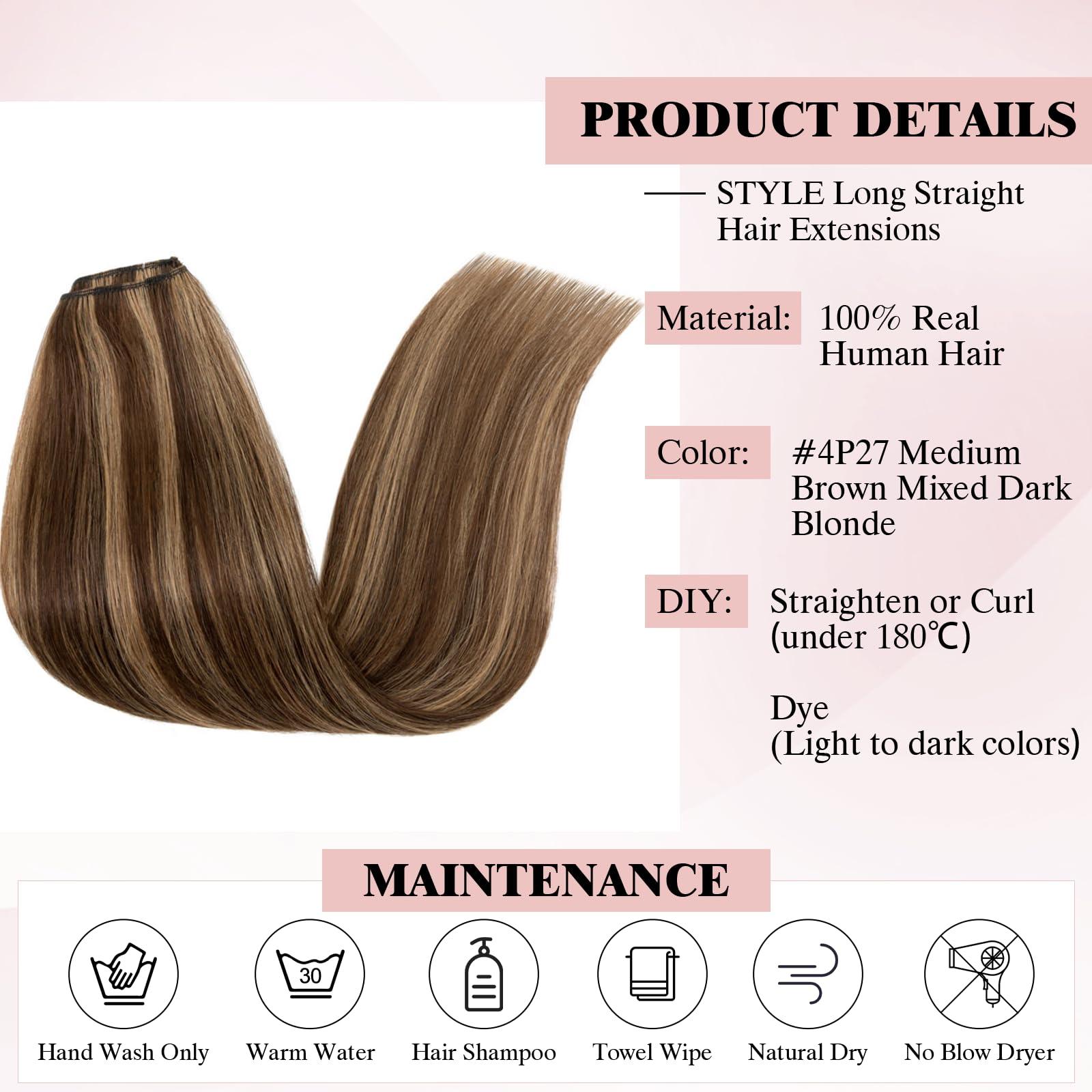 SEGO Halo Hair Extensions Human Hair, SEGO 100% Real Human Hair Extensions Halo, Wire Hair Extensions with Invisible Wire and Clips, Halo Hair Extension for Women, 20Inch Medium Brown Mixed Dark Blonde,70g